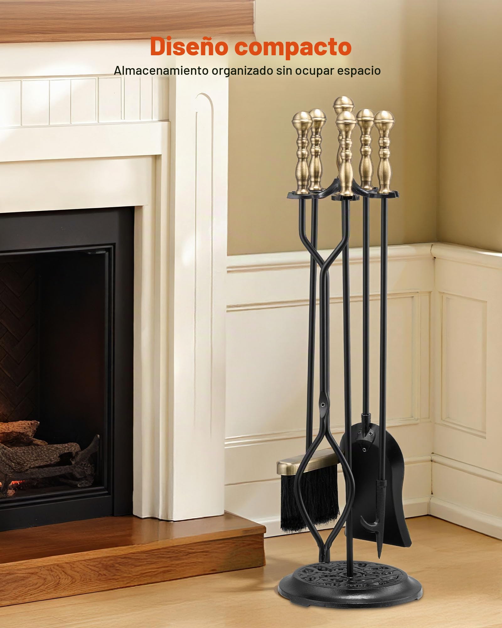 VEVOR Juego de 5 Herramientas para Chimenea de Hierro Forjado, con Soporte de Cinco Puntas, Pinzas, Pala para Cenizas, Cepillo y Atizador, Interior y Exterior, Negro y Latón, 770 x 225 x 225 mm