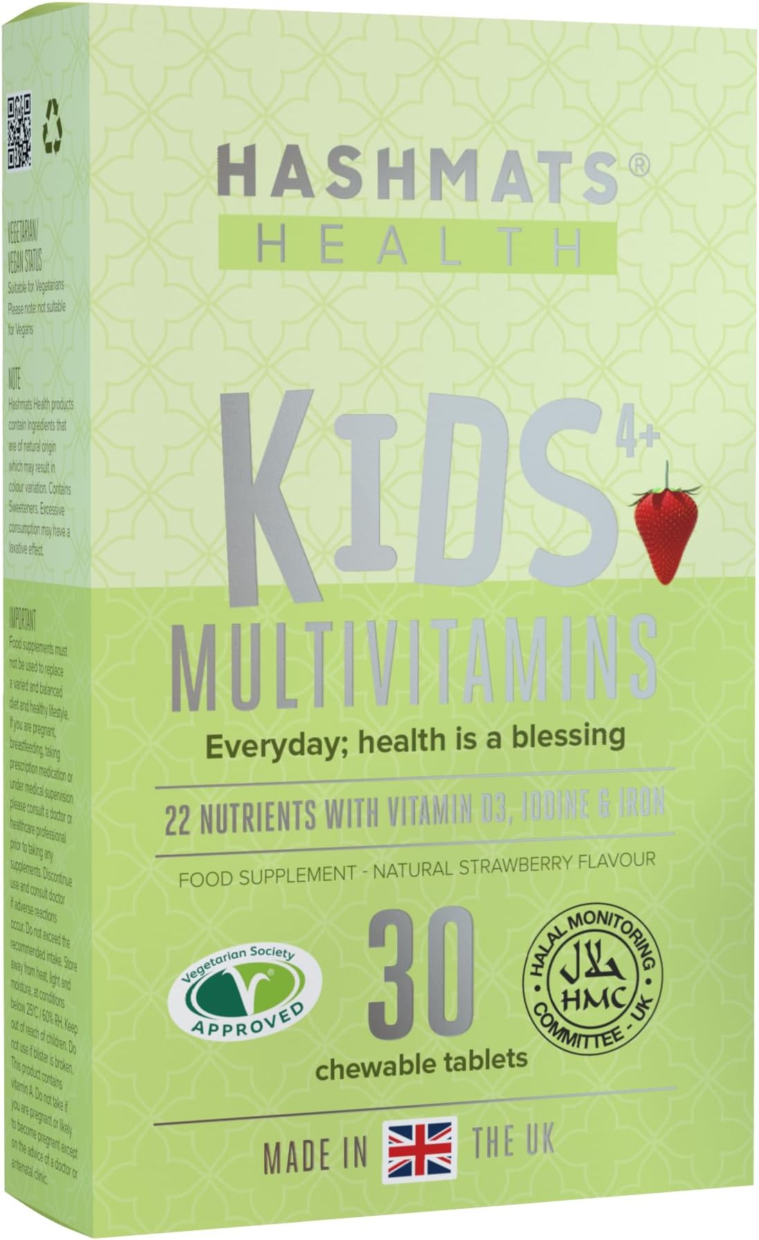 HASHMATSHealth Kids 4+ Multivitamins Strawberry (30 chewable Tablets) Food Supplement | HMC Halal Certified & Vegetarian Society Approved | Made in UK