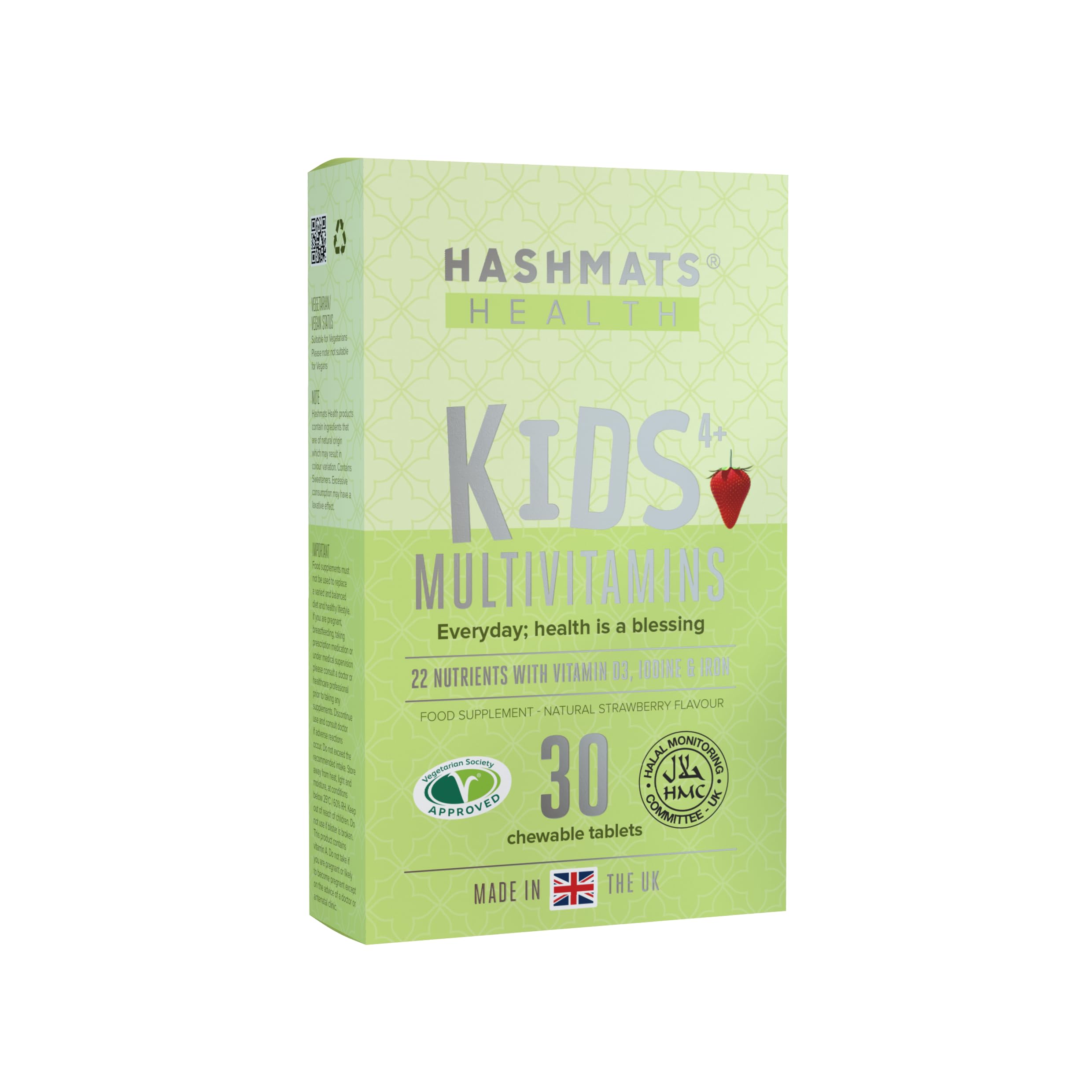 HASHMATSHealth Kids 4+ Multivitamins Strawberry (30 chewable Tablets) Food Supplement | HMC Halal Certified & Vegetarian Society Approved | Made in UK