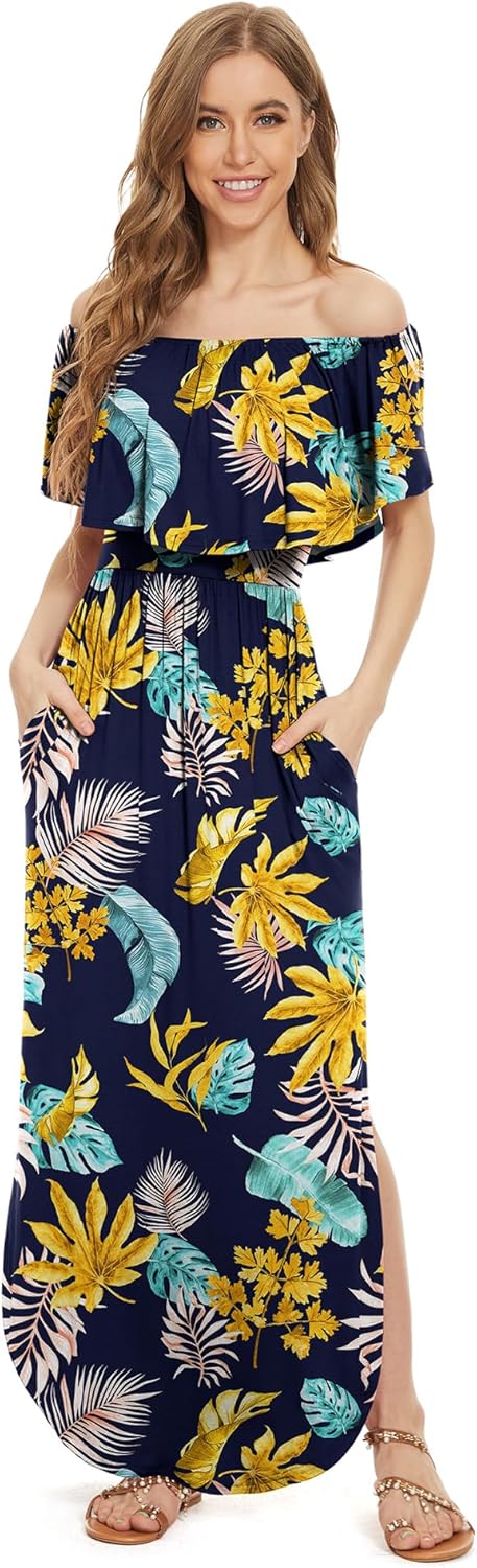 LILBETTER Womens Off The Shoulder Ruffle Party Dresses Side Split Beach Maxi Dress - Image 3