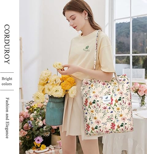 Vista 257 de Tote - Bolsa de hombro reutilizable de pana de gran capacidad con bolsillos interiores para mujeres y niñas Rayas