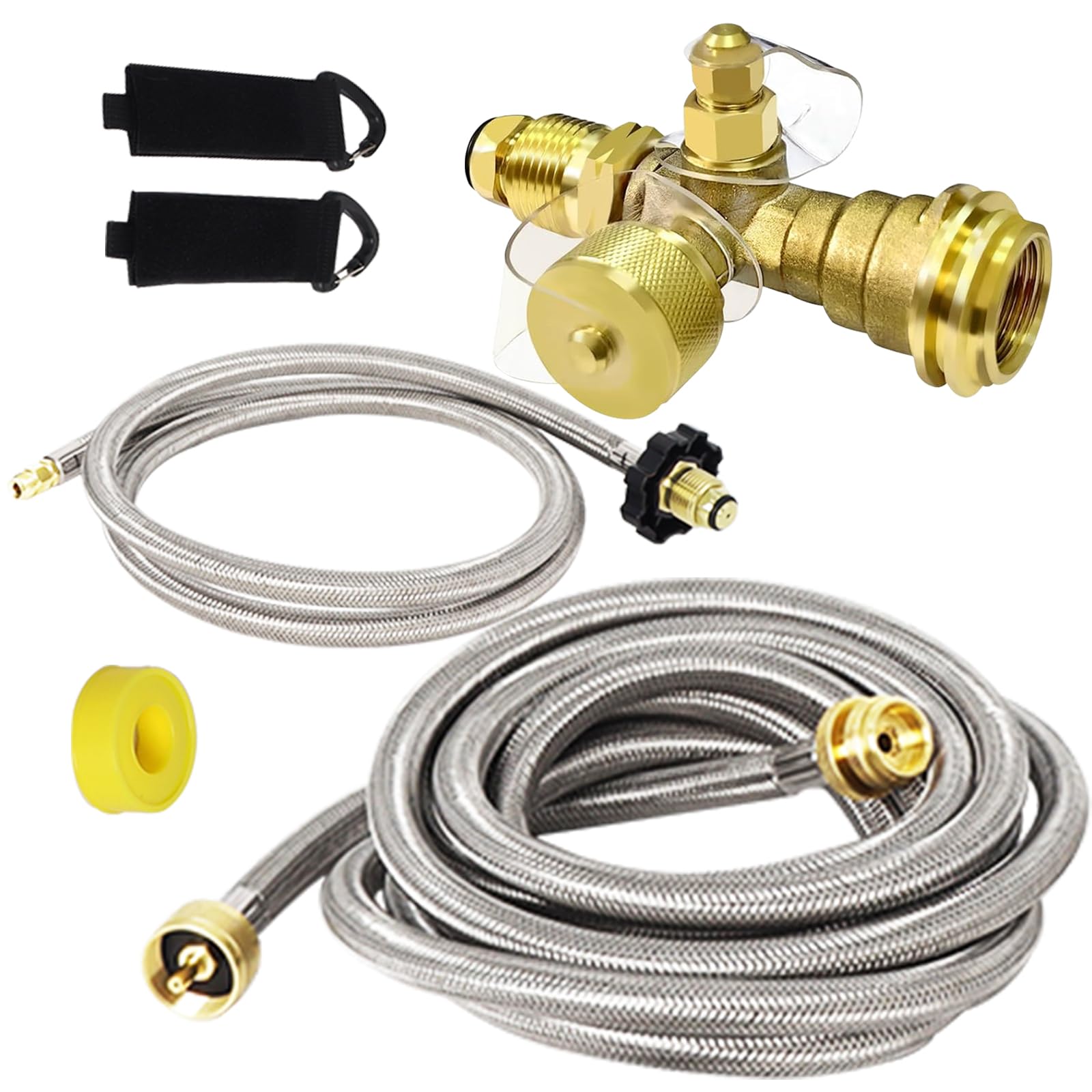 Extend a Stay RV Propane Kit, Propane Brass Tee Kit with 5FT and 12FT Stainless Braided Hoses, RV Propane Tank 4-Port Adapter Kit for Motorhomes, Connecting Auxiliary Propane Cylinders to Appliances