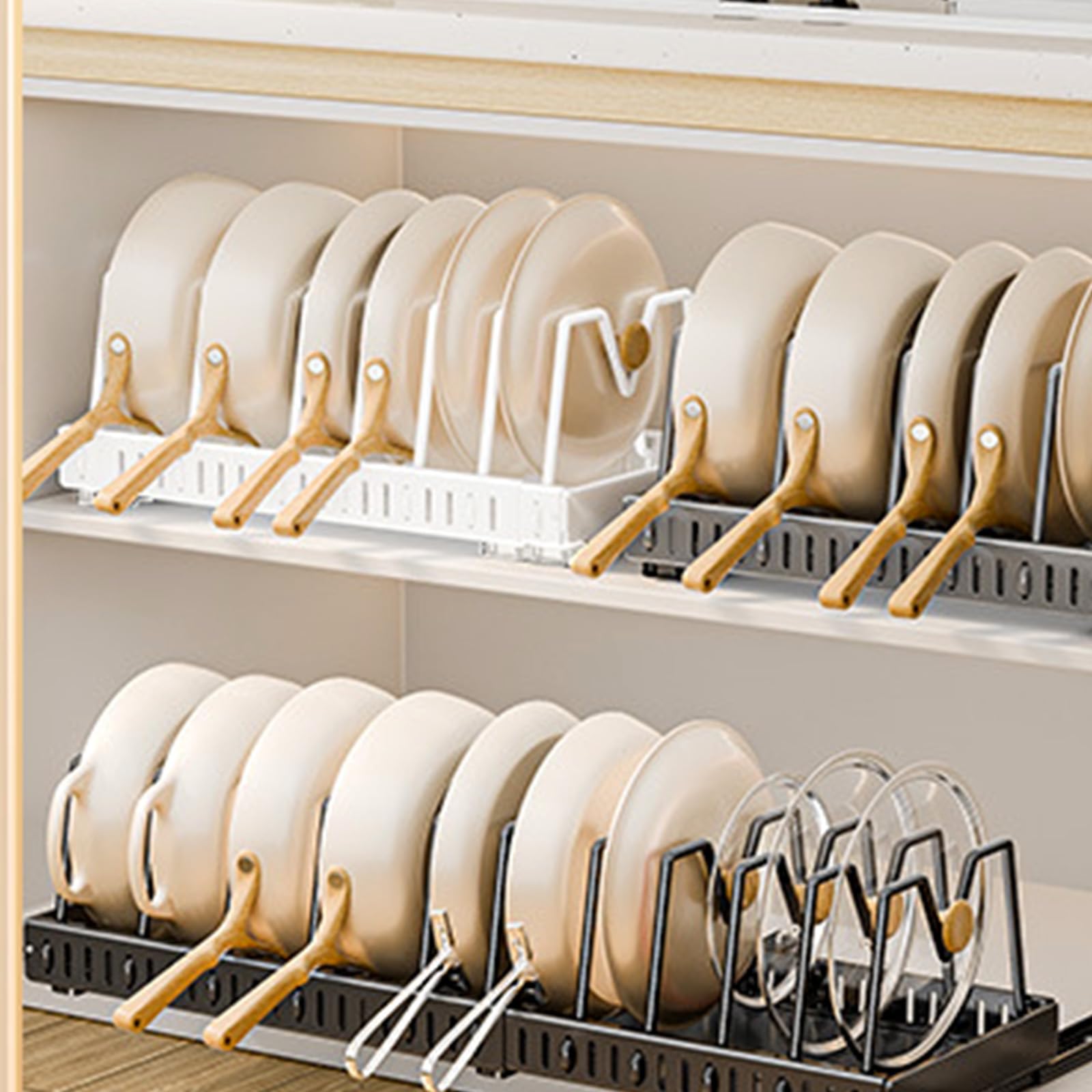 Upgrade Deckelregal für Topfdeckel – erweiterbarer Pfannen-Organizer für Schrank, Topfdeckel-Halter mit verstellbarem Fach für Küchenschrank, Kochgeschirr, Backen, Bratrost (schwarz, (43,5 bis 78) x