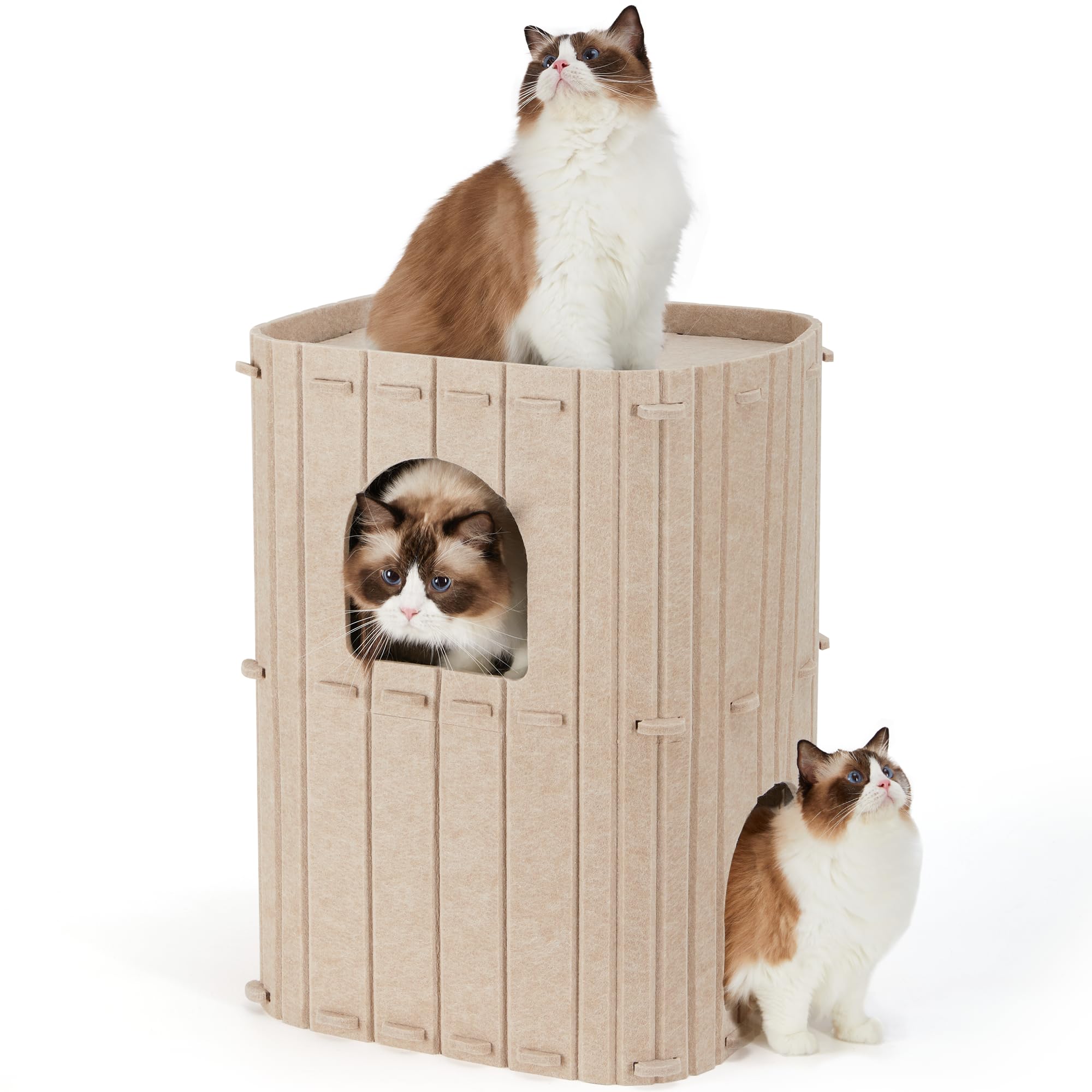 FUKUMARU Cat House for Indoor Cats, 2-Storey Large Cat Bed Cave, Cozy Felt Covered Cats Tunnel Condo Hideaway for Multicats, 17.72x14.37x23.62 inches, Beige