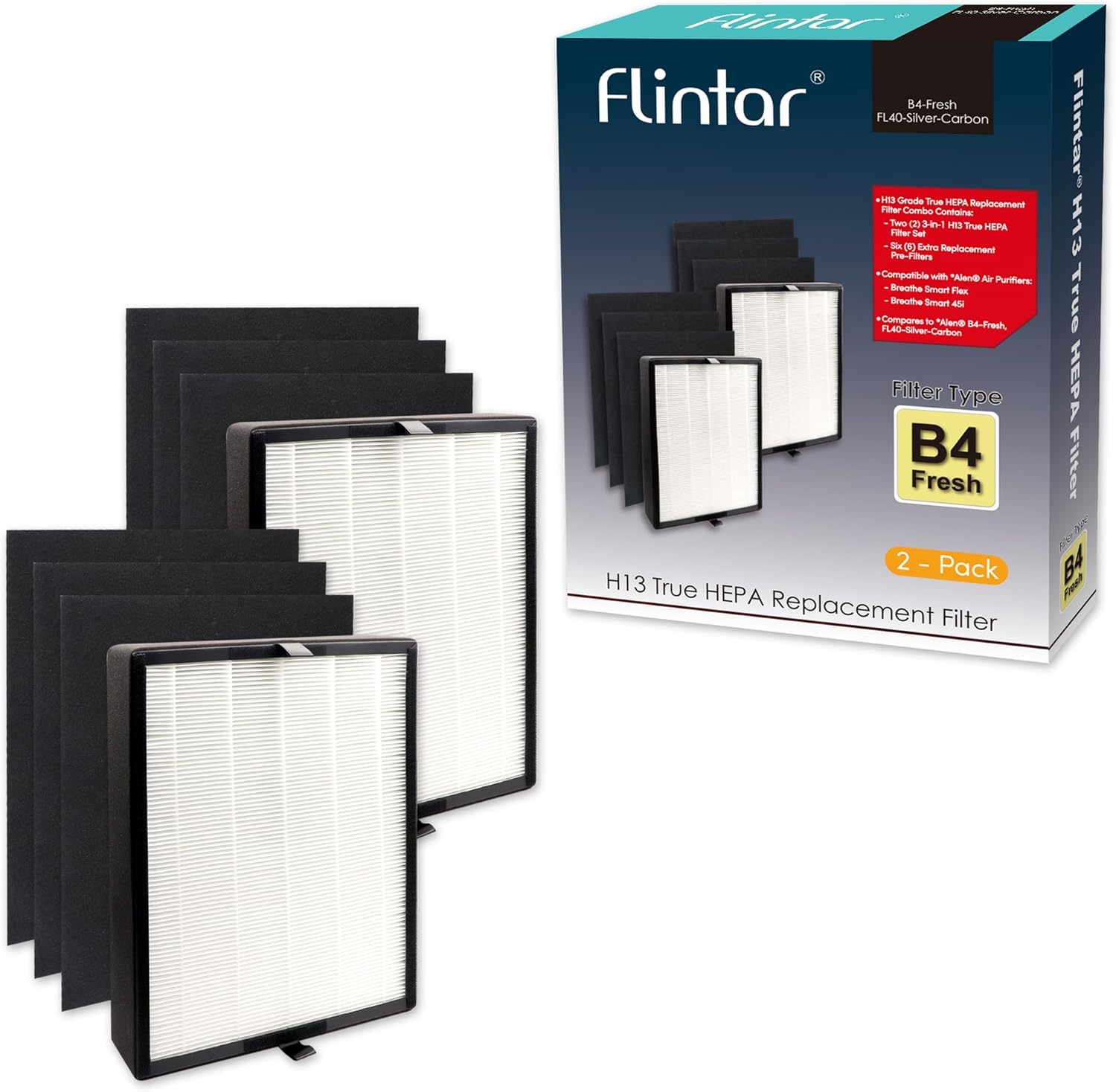 Flintar B4-Fresh Replacement Filter, Compatible with Alen BreatheSmart Flex and 45i Air Purifier, H13 Grade High Efficiency Air Filtration with 12 oz. Activated Carbon Pellets, 2-Pack