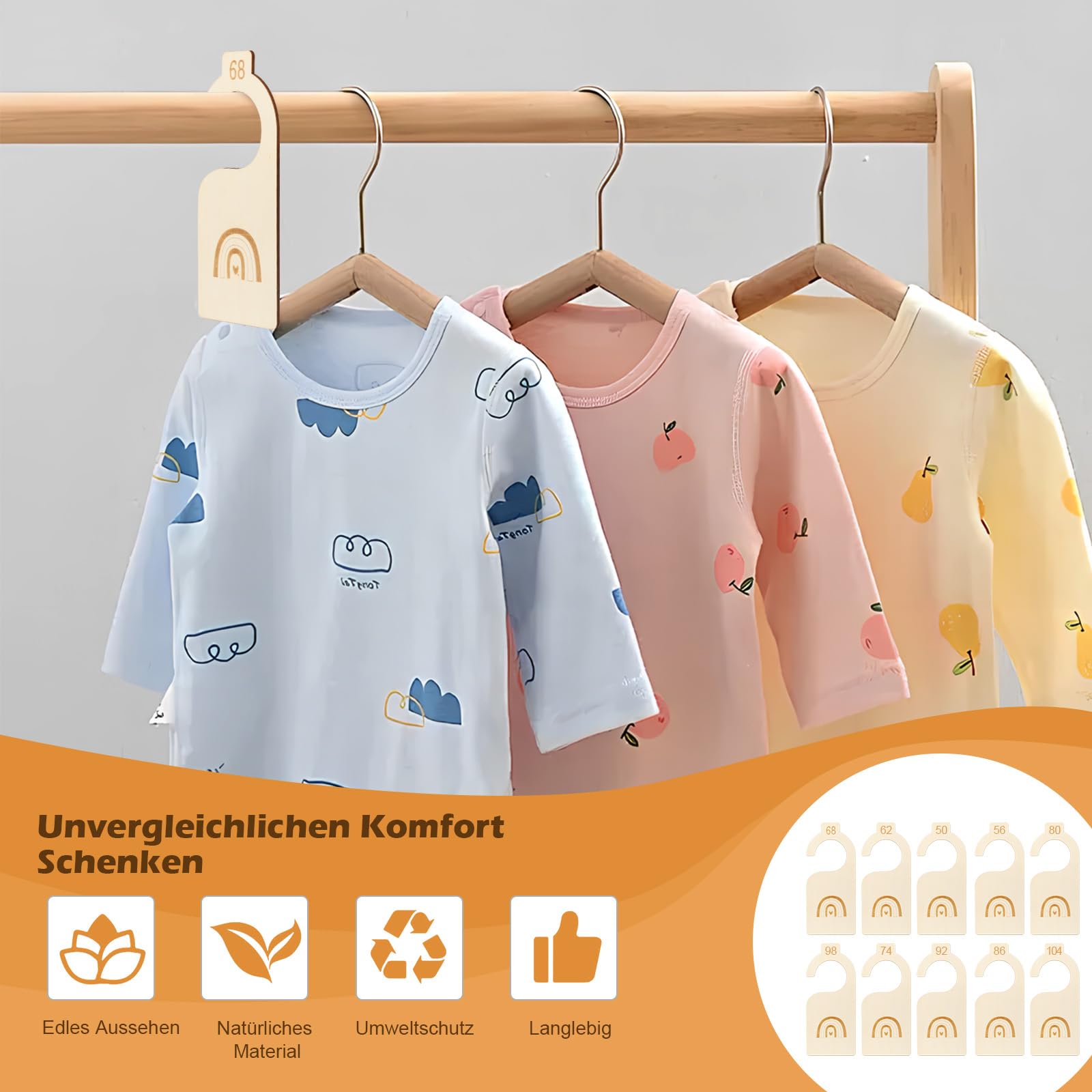 Set di 9 Divisori per Armadio per Bambini in Legno, Divisori per Vestiti Bambini, I Vestiti 50-98 Separano il Bambino, Divisorio in Legno per Bambini