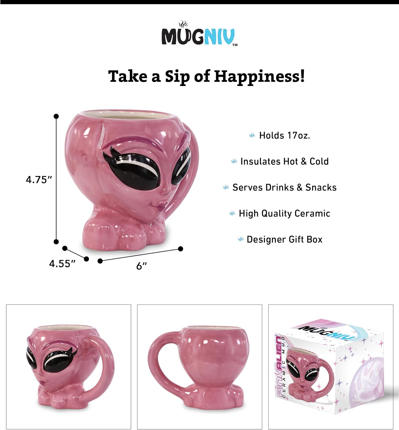 Novelty Pink Alien Mug - Cute Coffee Mugs for Women and Funny Coffee Mug for Men, Cool Ceramic Alien Coffee Mug Gift, Surprise Birthday Gift Novelty Coffee Mugs for Hot and Cold Drinks - 17 oz. - Image 2