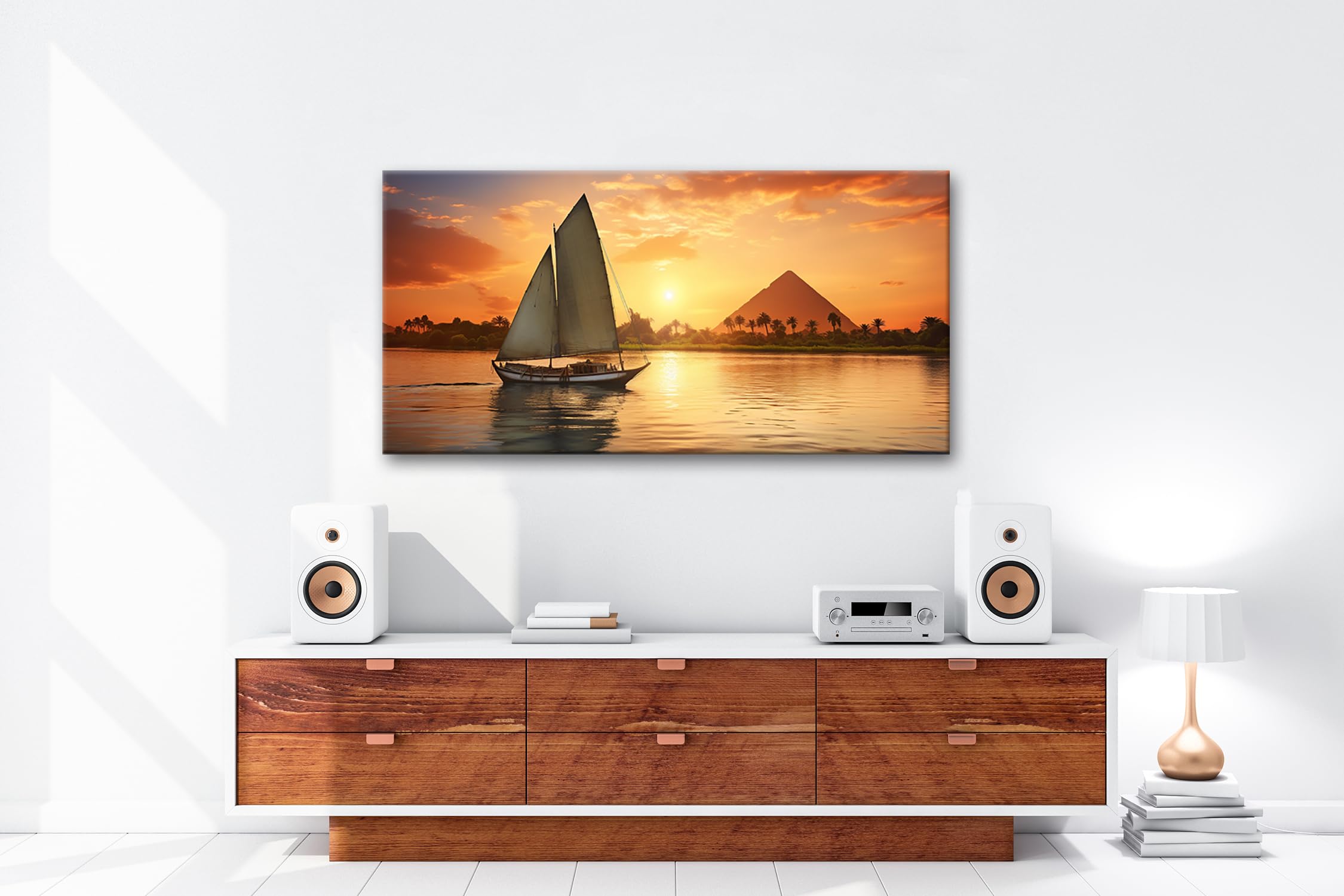 Leinwandbild Segeln bei Sonnenuntergang – Ägyptens Zauber am Nil Panorama 100x50cm XXL Kunstdruck Bild auf Keilrahmen/Wandbild/Wohnzimmer Dekoration