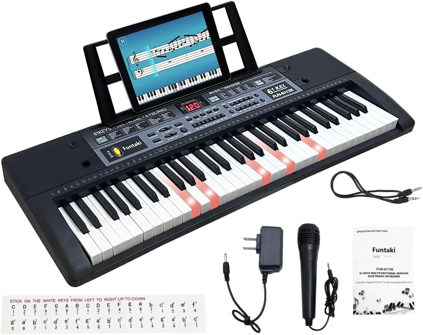 Funtaki 61 Key Electric Piano Keyboard with Lighted Keys, Digital Portable Synthesizer Keyboards with Stand, Mini Music Keyboard Pianos for Beginners Kids Adults Black