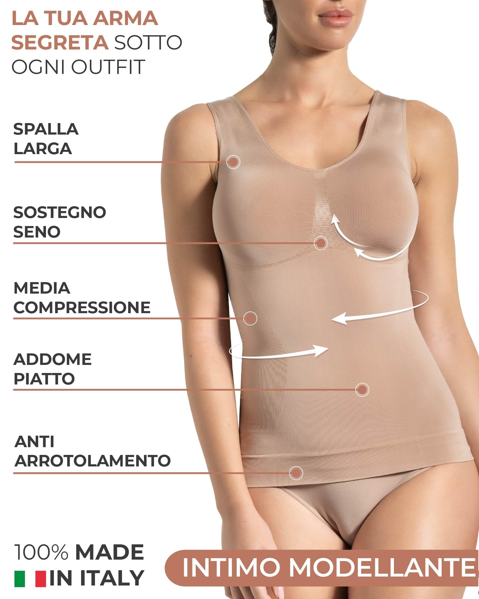 Risalti Canotta Donna Modellante Spalla Larga - Canottiera Donna Microfibra Elasticizzata, Top Intimo Modellante Senza Cuciture ed Etichette, Body Contenitivo, Traspirante - Made in Italy
