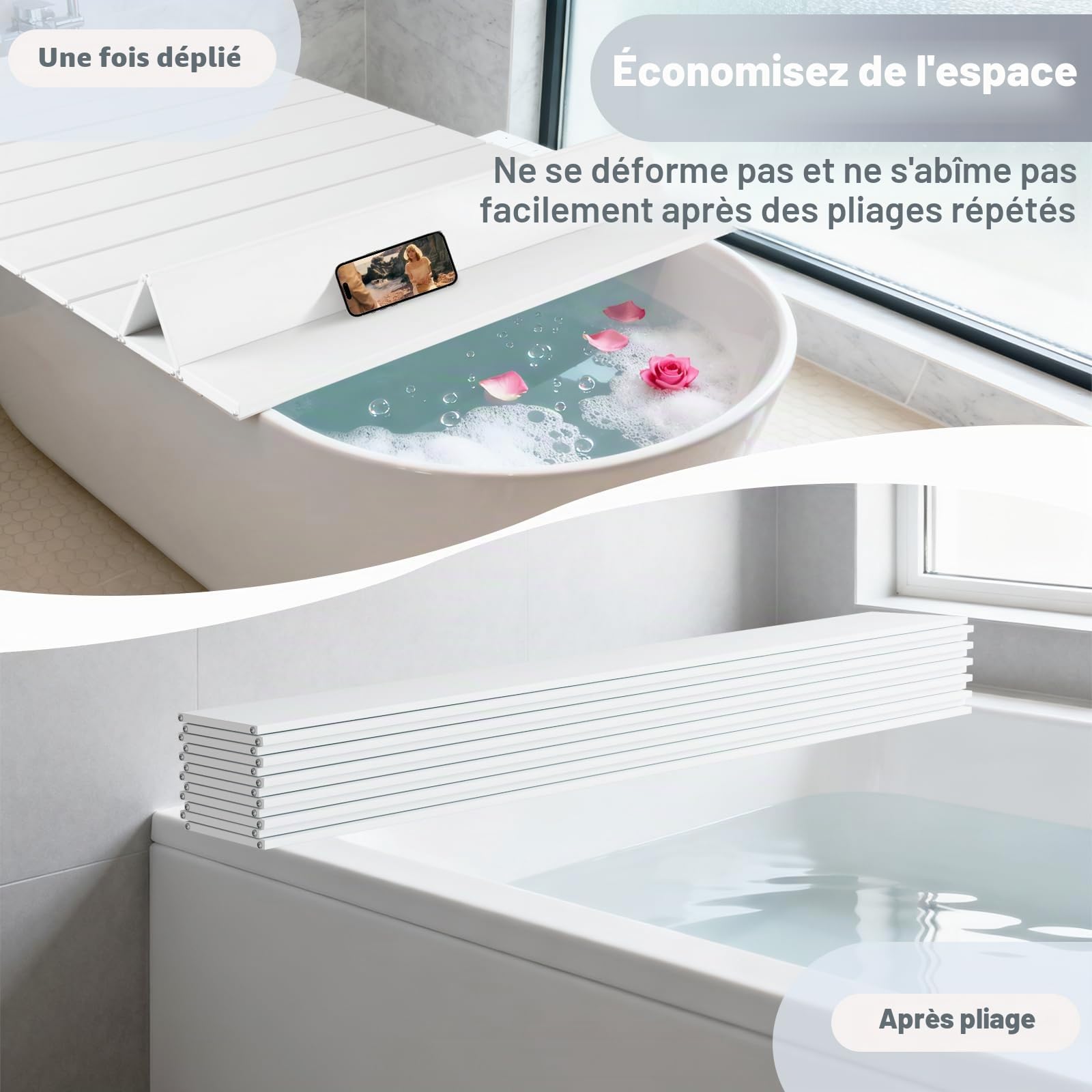 Couverture De Baignoire, Étanche Ponts D'isolation de Baignoire Anti-poussière Pliante Protège-poussière Support De Rangement, Blanc (Taille : 75cm x 170cm x 0.7cm)