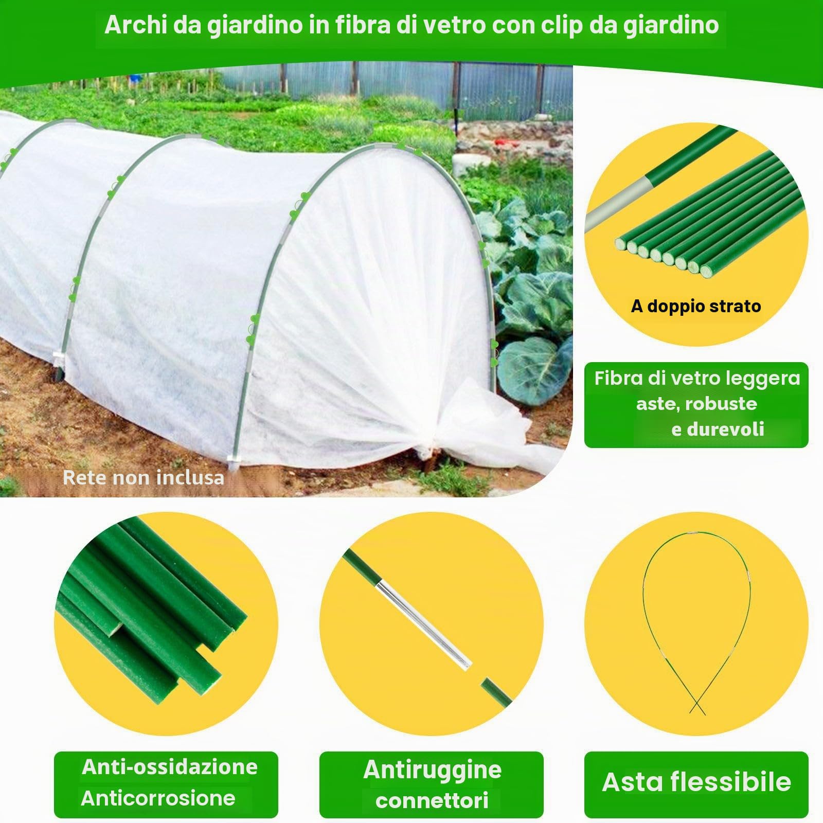 60 cerchi per serra per letti rialzati, 40 clip, pali da giardino da 2,4 m, tunnel per copertura di file, regolabili in fibra di vetro antiruggine, telaio fai da te per esterni