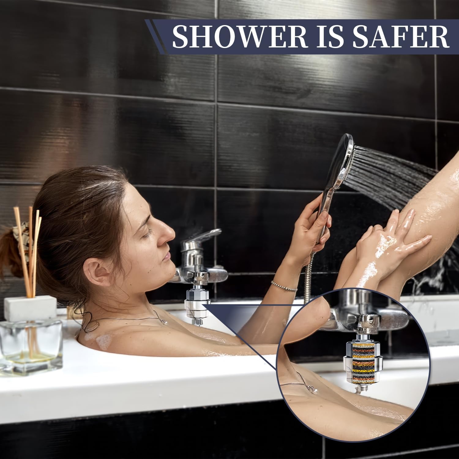 Step-by-step visual guide for installing the shower filter, showing how to replace the cartridge, connect parts, apply Teflon tape, and screw onto the shower head.