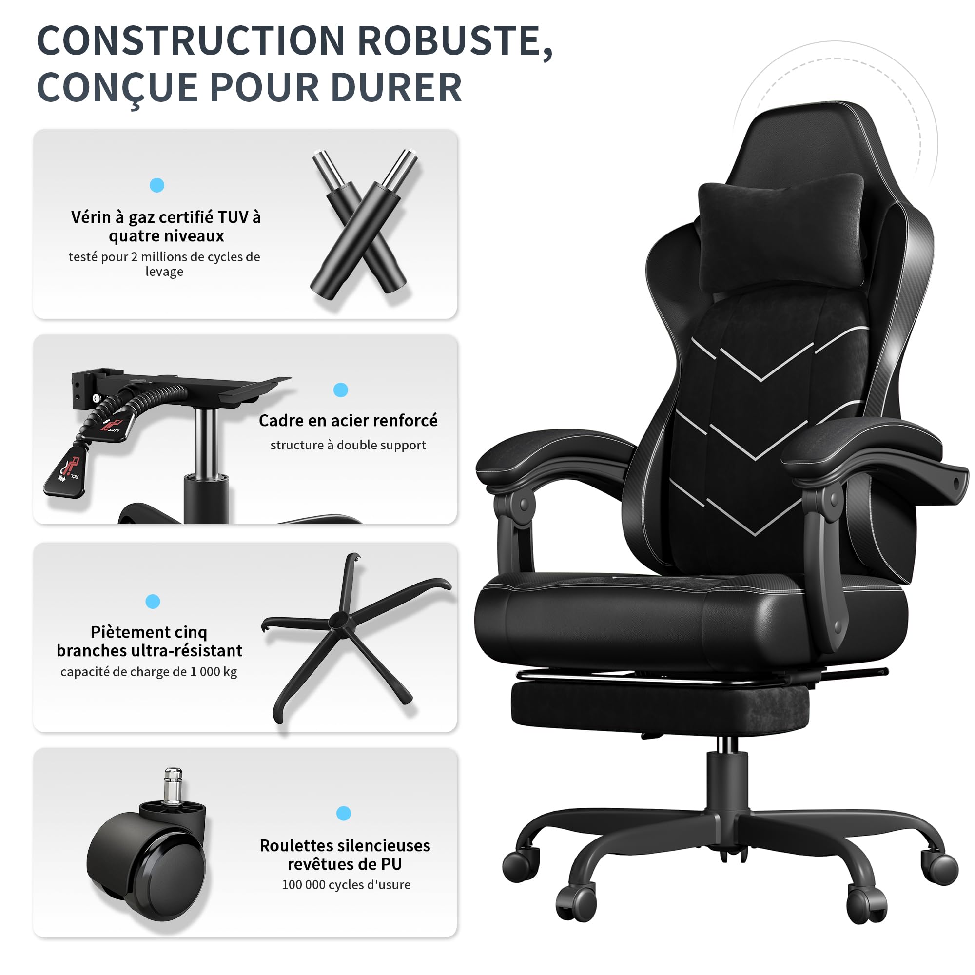 JUMMICO Chaise de Bureau Ergonomique avec Soutien Lombaire Dynamique & Repose-Pieds, Fauteuil Gaming pour Confort à Long Terme, Tissu Respirant pour Home Office, Noir