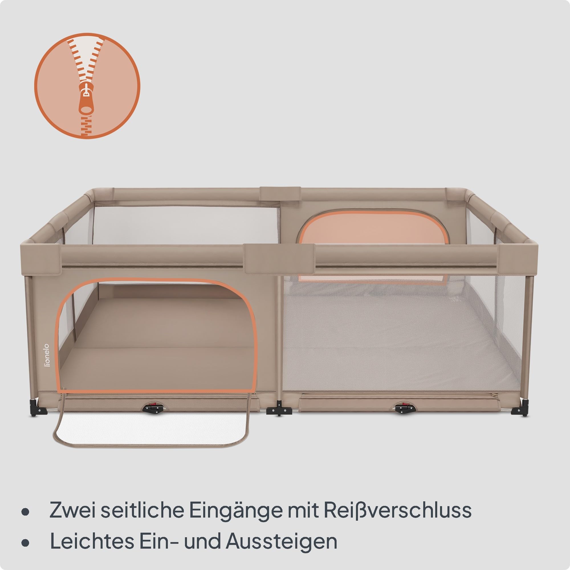Lionelo Florence XL Easy Fold Laufstall Baby 180 x 200 cm, Faltbares Laufgitter Baby, Ohne Montage Nutzbar, 2 Seiteneingänge mit Reißverschluss, Atmungsaktives Netz, Weiche Kanten, Transporttasche