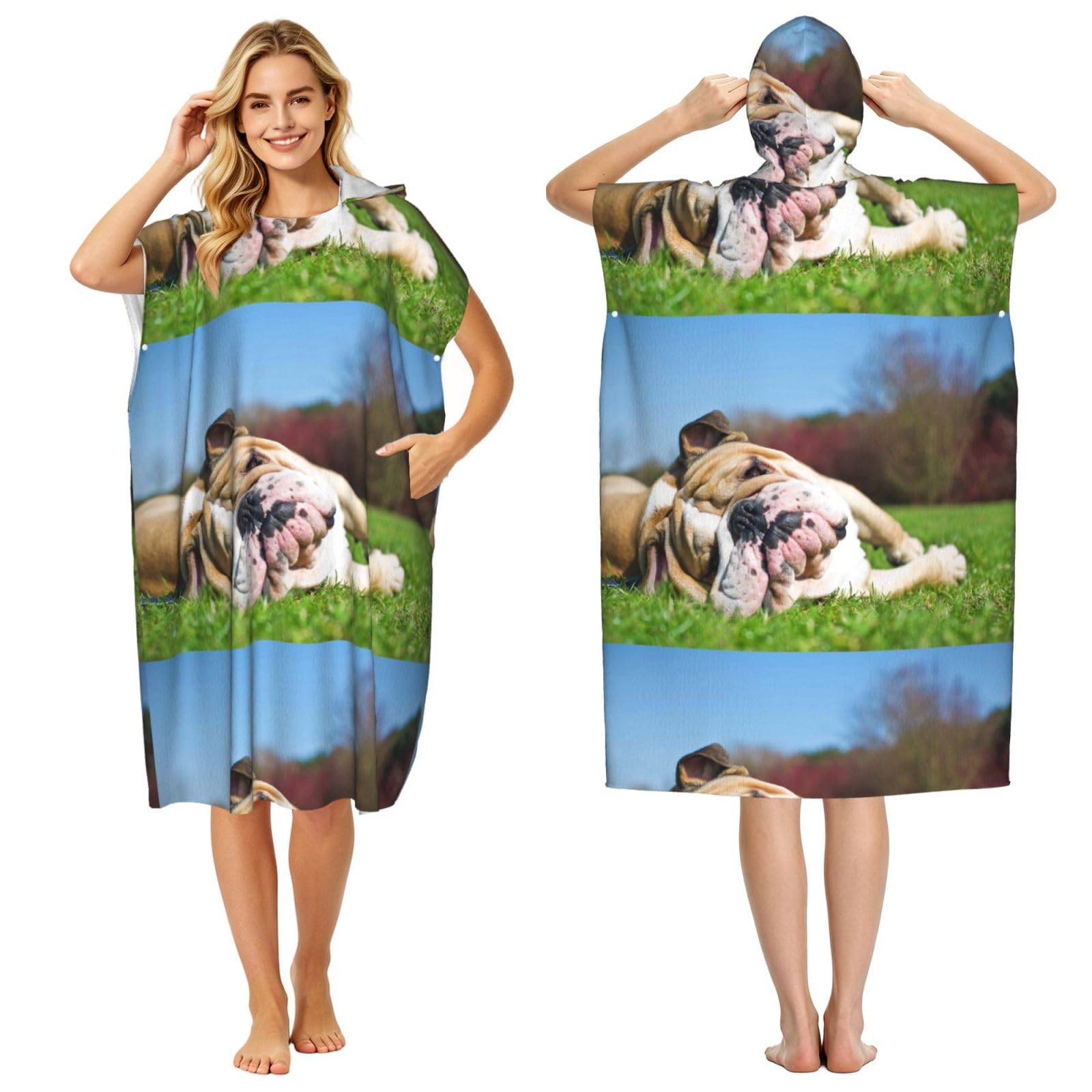 Poadnly English BullDogs Tired Dogs Lawn Pets English, Adult Hooded Beach Towel 90 x 110 cm,Changing Bath Robe, Surf Poncho Towel For Women Men