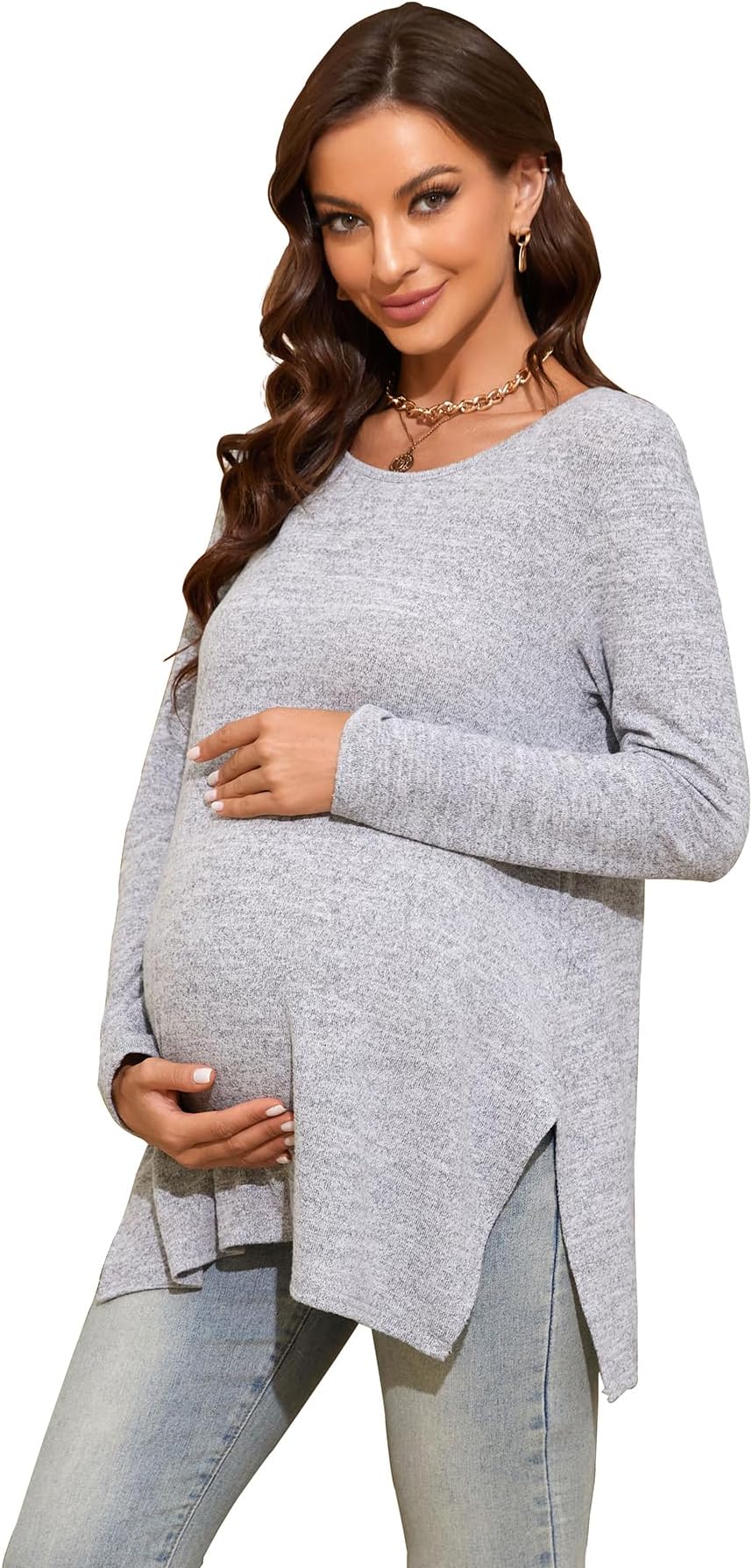 Smallshow Women's Maternity Shirts Side Split Long Sleeve Pregnancy Tops Clothes