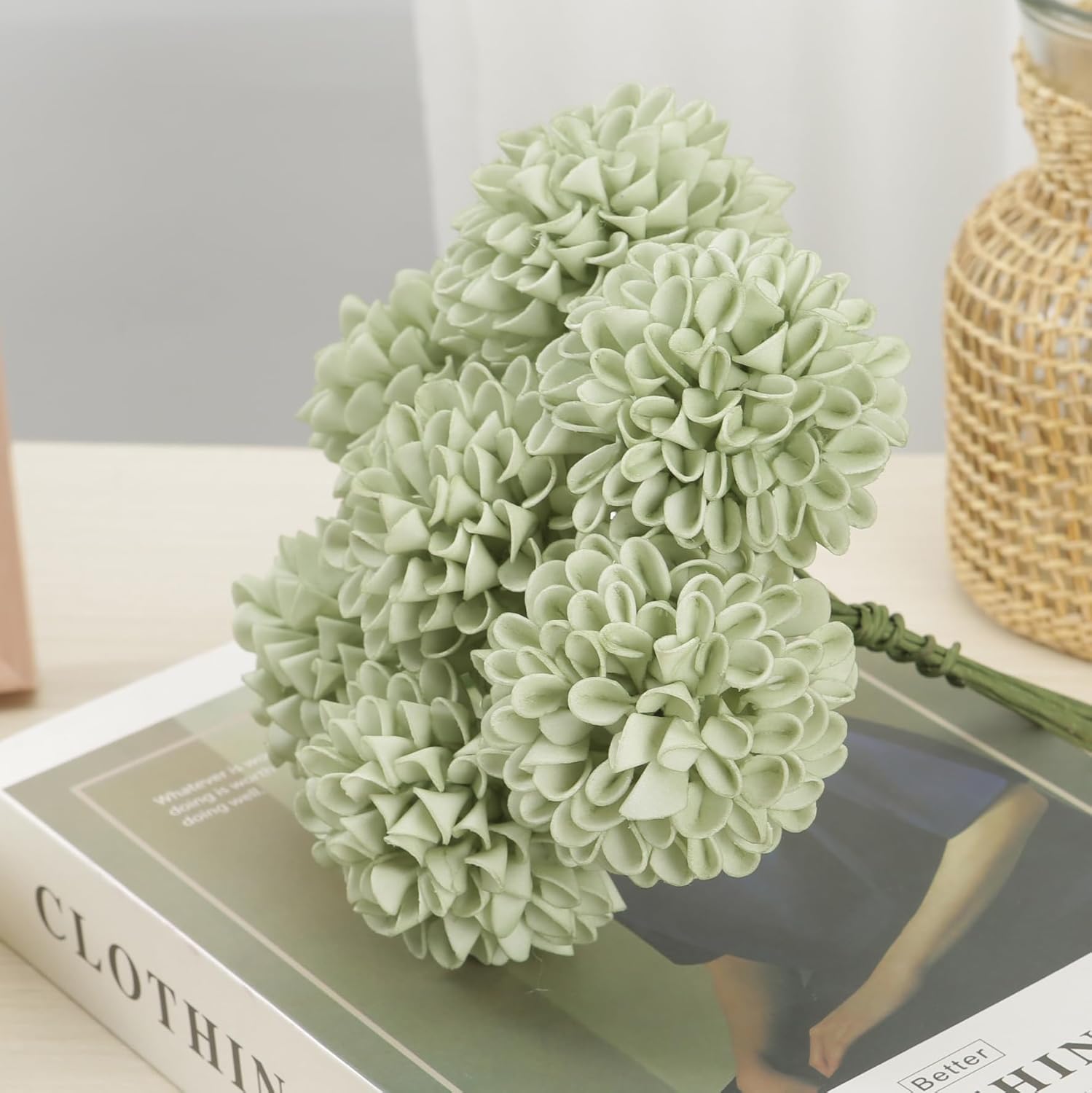 Artificial Flowers, 25pcs Sage Green Artificial Rose for DIY Wedding Bouquets Centerpieces Arrangements, Sage Green Rose and Dahlia Flowers with Stem for Bridal Shower Party Home Decorations - Image 2