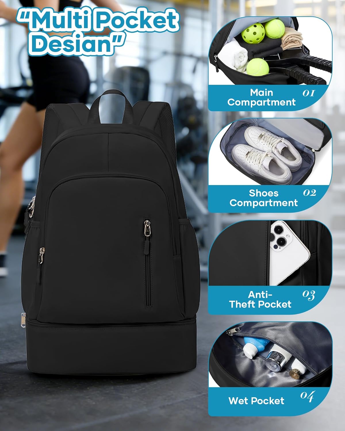 Gym Backpack for Women Men,Waterproof Gym Backpack with Shoe Compartment,Lightweight Sports Gym Bag Casual Daypack,Black
