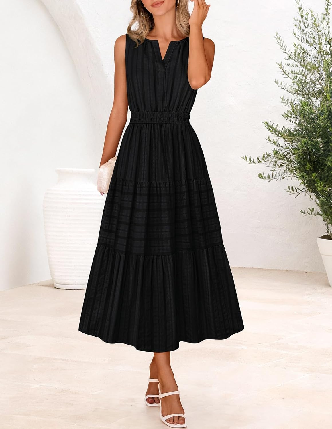 MEROKEETY Spring Summer Midi Dresses for Women 2026 Casual Beach Vacation Sleeveless Boho V Neck Cotton Maxi Dress Pockets - Image 4