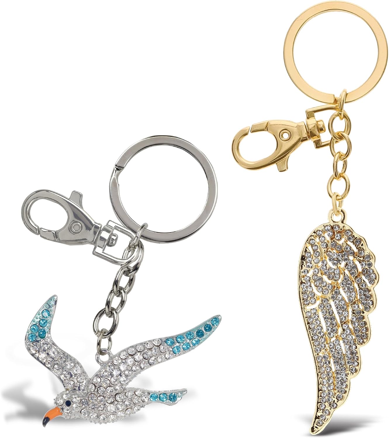 Keychain Set, 2 Piece Sparkling Charm Bundle, Angel and Seagull Rhinestone Keychains, Bag Accessories, Gifts, Purse Charms