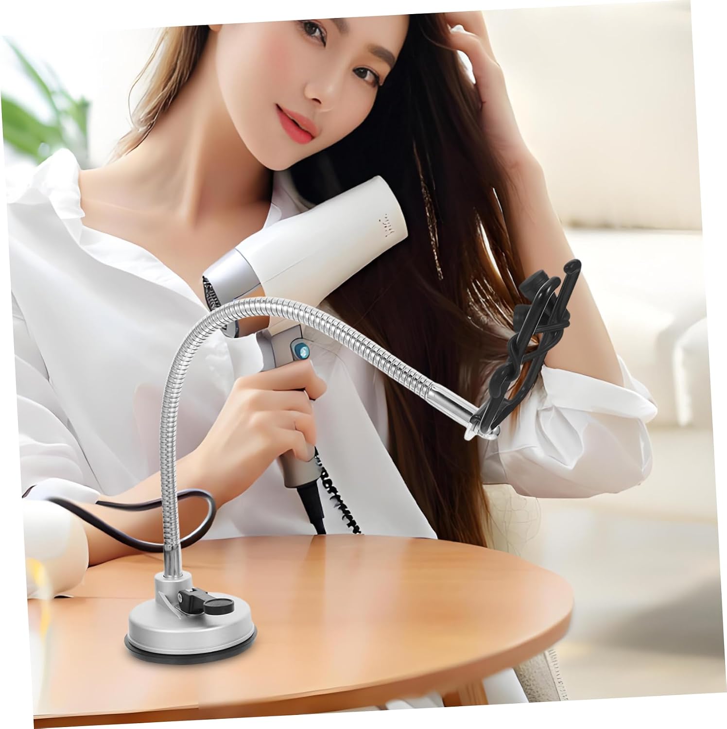 Suction Cup Hair Dryer Stand Holder No Drill Adjustable Rack for Bathroom Countertop Secure Base with Slip Protection Easy Clean Stainless Steel Blower Accessory