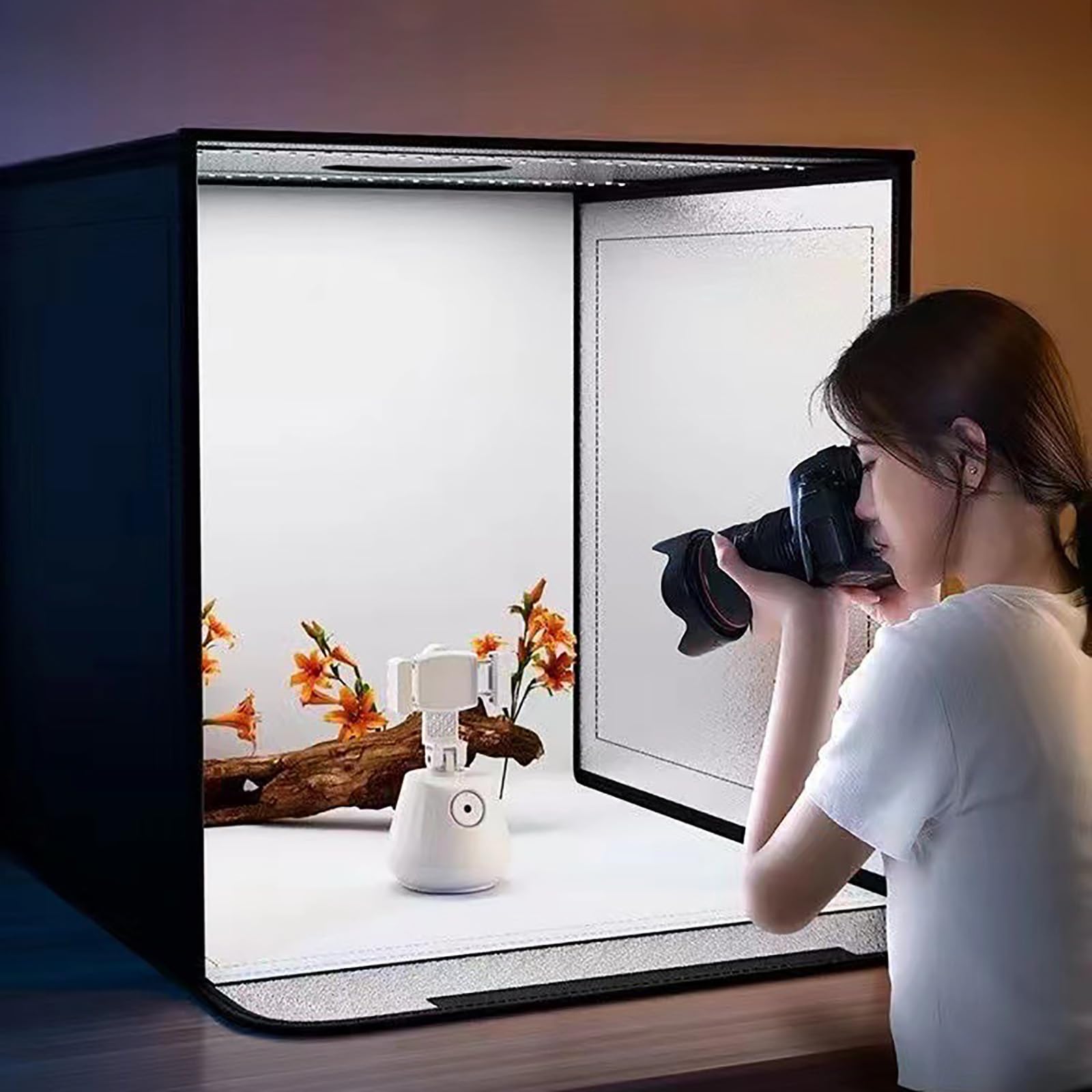 Profesjonalne Studio Fotograficzne 80 Cm, Mała Podświetlana Kaseta Do Zdjęć, Składana + 3 Temperatury Barwowe + Nieskończone Przyciemnianie + 3 Otwory Boczne + 5 Płytek Z Kolorem Tła,Black