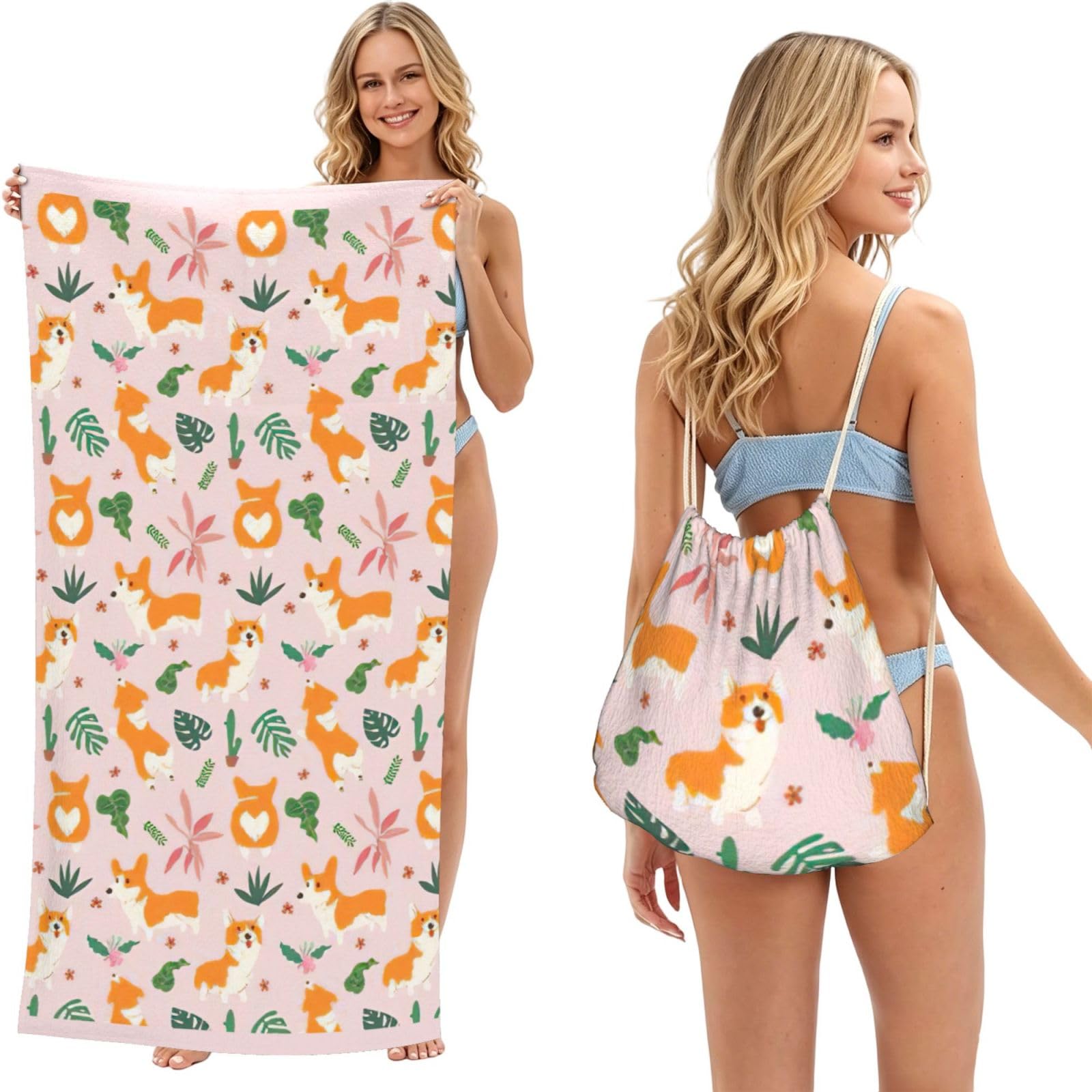 aacxzff Small Size Corgi Print 2 in 1 Packable Towel Bag, Drawstring Beach Towel Backpack,80x160cm for Beach trips