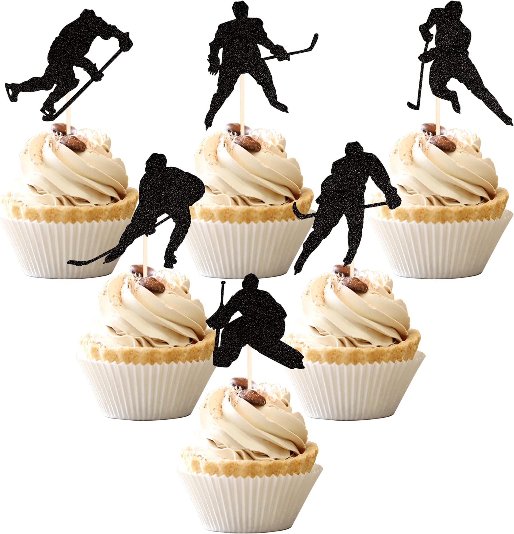 24 PCS Hockey Cupcake Toppers Black Glitter Hockey Players