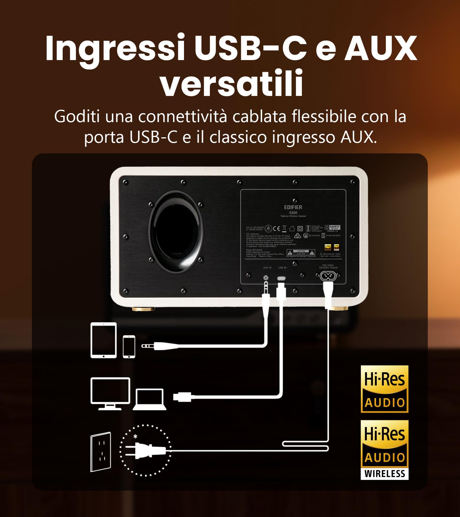 Edifier S300 Altoparlante Retro da Tavolo, Audio Hi-Res Cablato e Wireless, Potenza 80W (RMS), Bluetooth 5.4 Multi-punto, WiFi Multi-stanza (AirPlay 2), Ingressi AUX e USB-C, Noce Nero