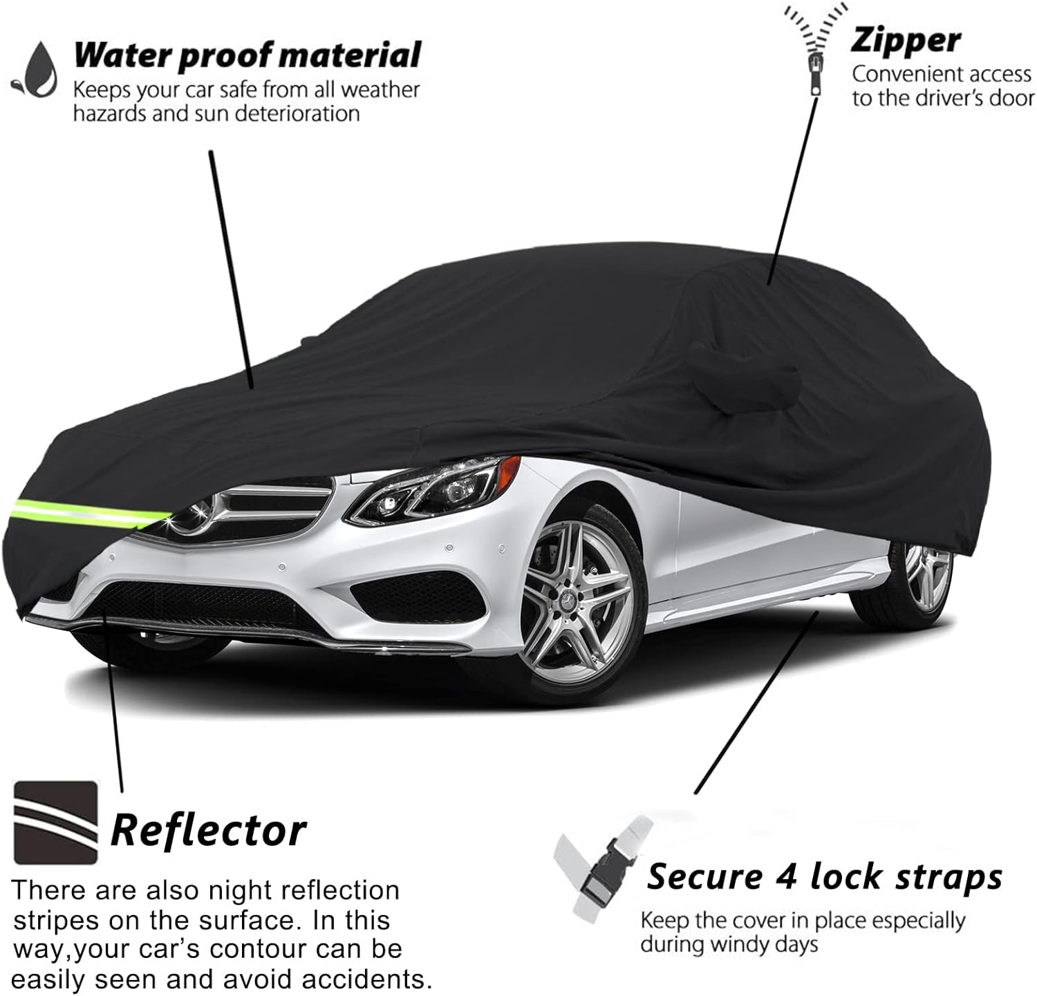 Yixin Waterproof Car Cover for 2006-2026 Mercedes Benz E Class Sedan E250 E320 E300 E350 E400 AMG 190T Covers Custom Fit 100% Windproof Strap & Double Door Zipper Up to 205'' L, Black-for