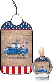 BOBOWUNY 4th of July Adult Bibs for Elder Women Men Eating, Independence Day Farmhouse Gnomes Truck Waterproof & Washable Bibs for Eating Clothing Protector Dining Bibs for Crumb Catcher