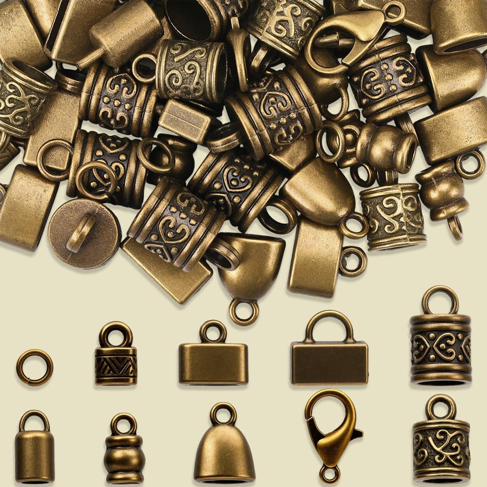 SUNNYCLUE 1 Box 230pcs Cord End Caps Kit Kumihimo Ends Alloy Metal Tibetan Style Antique Bronze Tassel Glue in Crimp Leather End Caps for Jewelry Making Kit Bracelet Kumihimo Supplies Gifts Craftings - Image 5