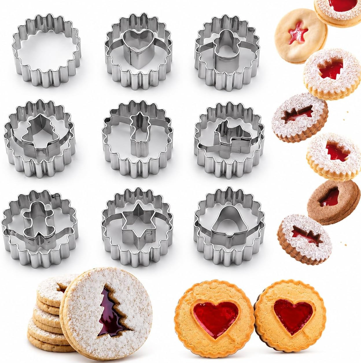 Crethinkaty 9 Pcs Mini Christmas Linzer Cookie Cutters Set, Stainless Steel Cookie Cutters, Christmas Tree, Gingerbread Man, Snowman, Elk - for Christmas Winter Holiday Baking