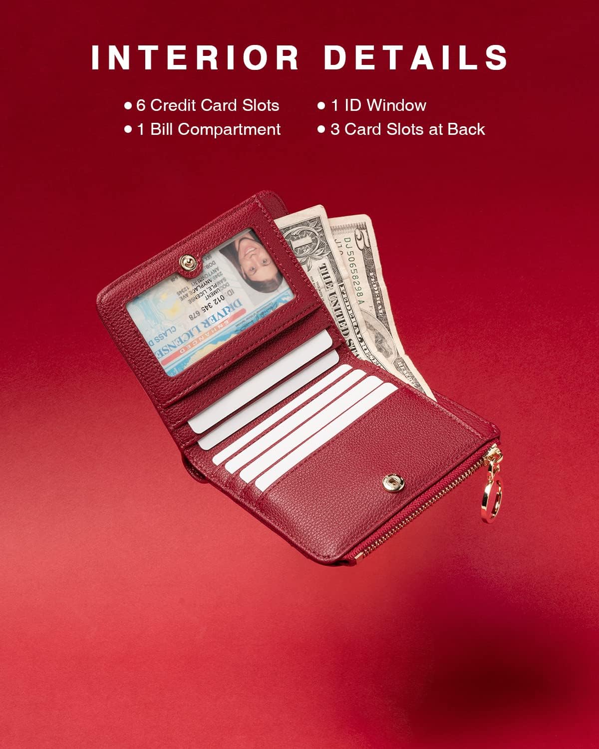 Genuine Leather Wallet for Women RFID Blocking Bifold Large Capacity with ID Window & Zipper Pocket (Dark Red)