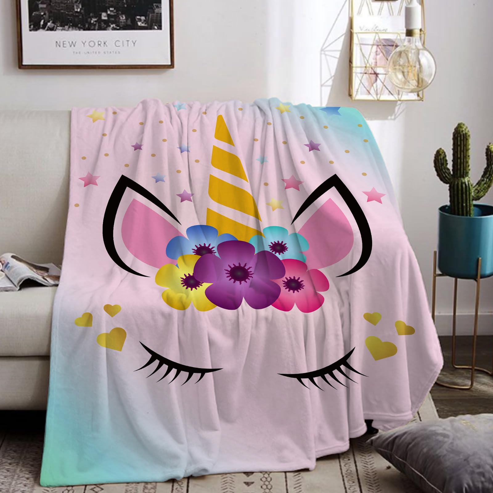 Coperta a forma di unicorno, in flanella, per bambini, colore rosa, per ragazze, morbida, ideale come regalo di compleanno, divano, letto, coperta in pile (unicorno D, 130 x 150 cm)