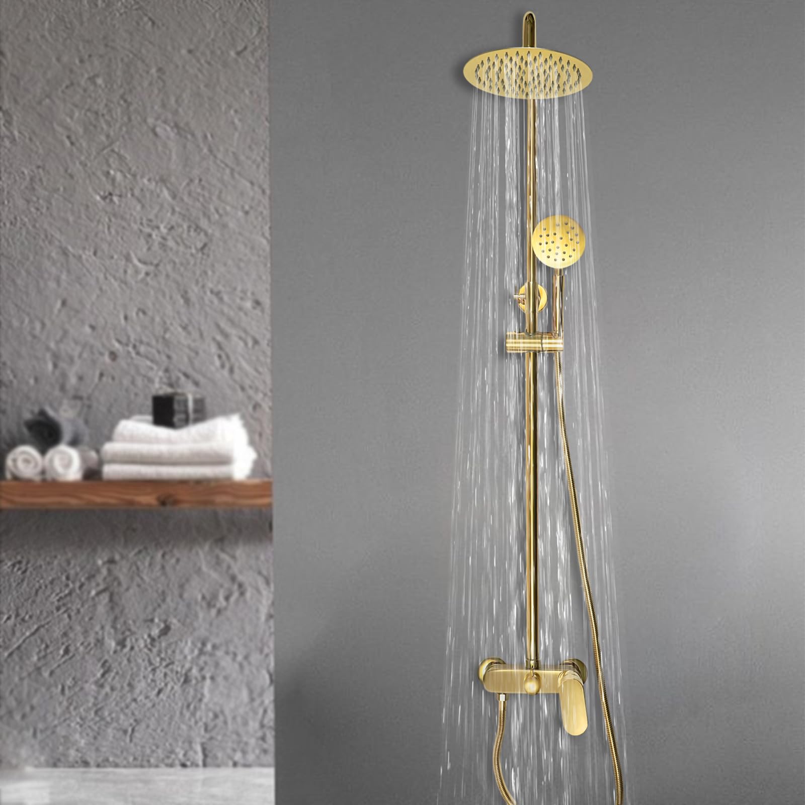 Conjunto Ducha con Grifo Termostatico Sistema de Ducha de Lluvia Columna Barra Altura Ajustable 81-113,5 cm Dorado