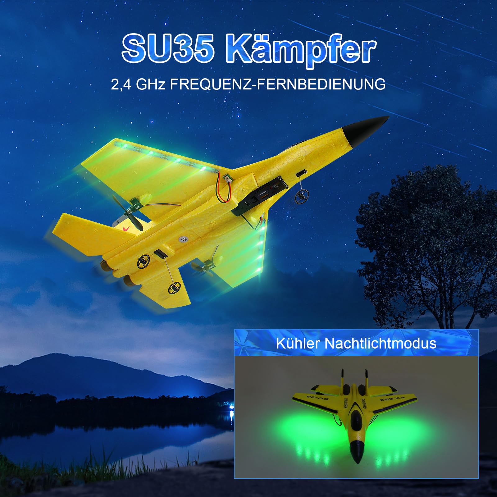 Henakmsl 2CH Aereo Telecomandato SU35, 2,4 GHz Aereo RC Aeroplano Telecomandato con 2 Batterie e Luci Colorate, Aliante Volante Telecomandato per Adatto a Bambini/Adulti/Principianti, Giallo