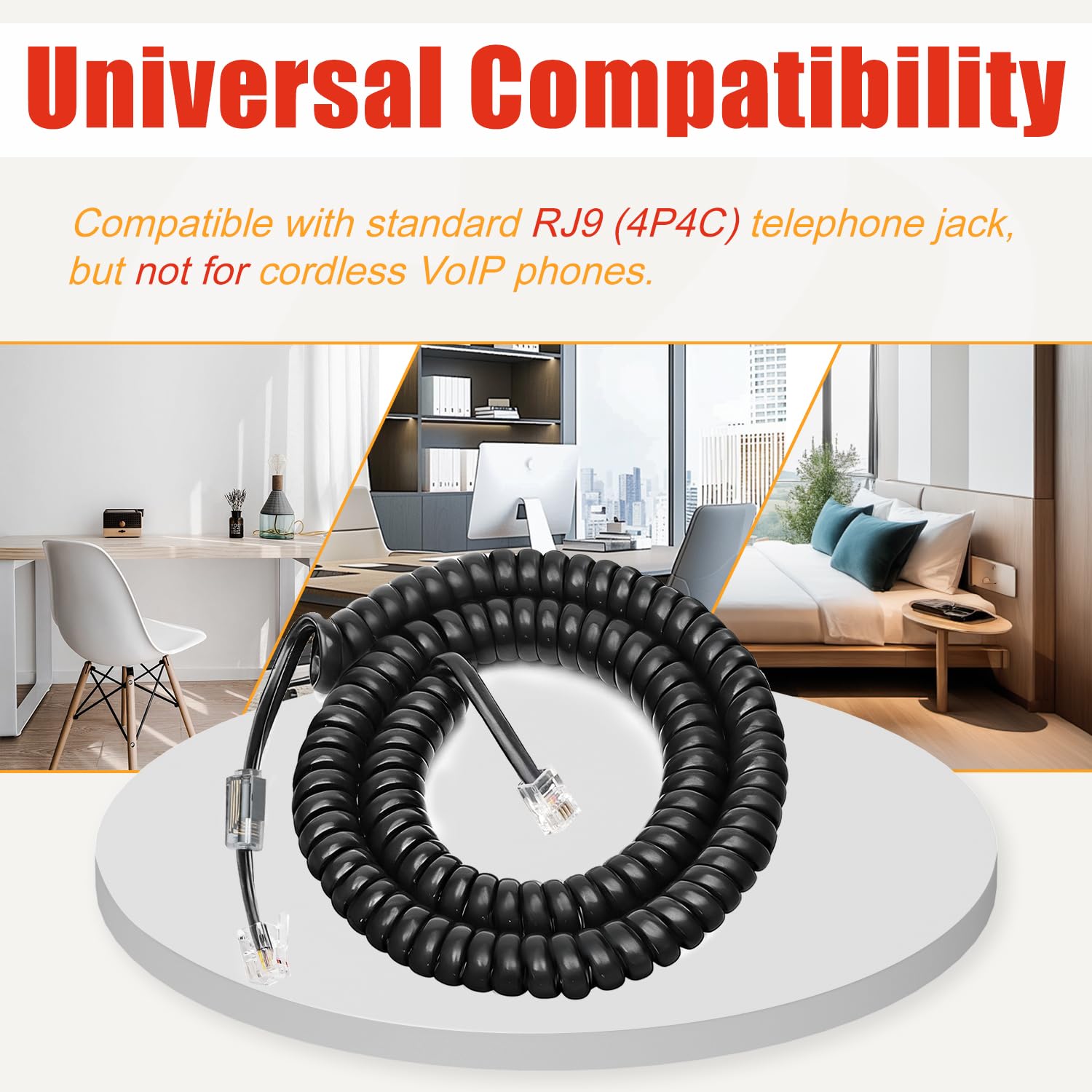 Uvital Confezione da 5 cavi per telefono con districatori, 3,1 m, srotolato/4 m, a spirale | Cavo telefonico fisso RJ9 4P4C, girevole a 360°, anti-groviglio, girevole, per ufficio