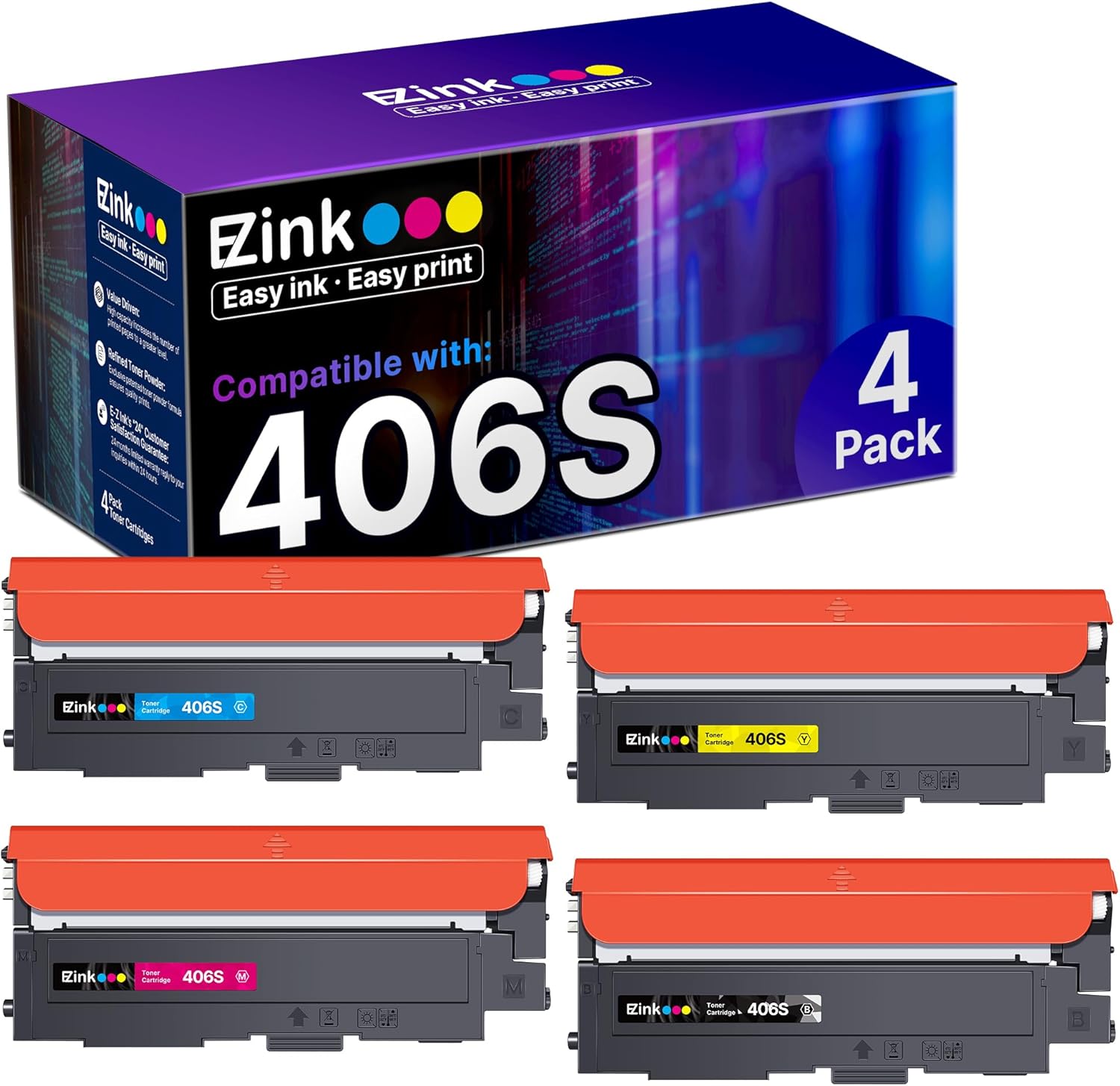 E-Z Ink Compatible Toner Cartridge Replacement for Samsung 406 406S CLT-K406S CLT-C406S CLT-M406S CLT-Y406S to use with Xpress C460W C410W Printer(1 Black, 1 Cyan, 1 Magenta, 1 Yellow, 4 Pack)