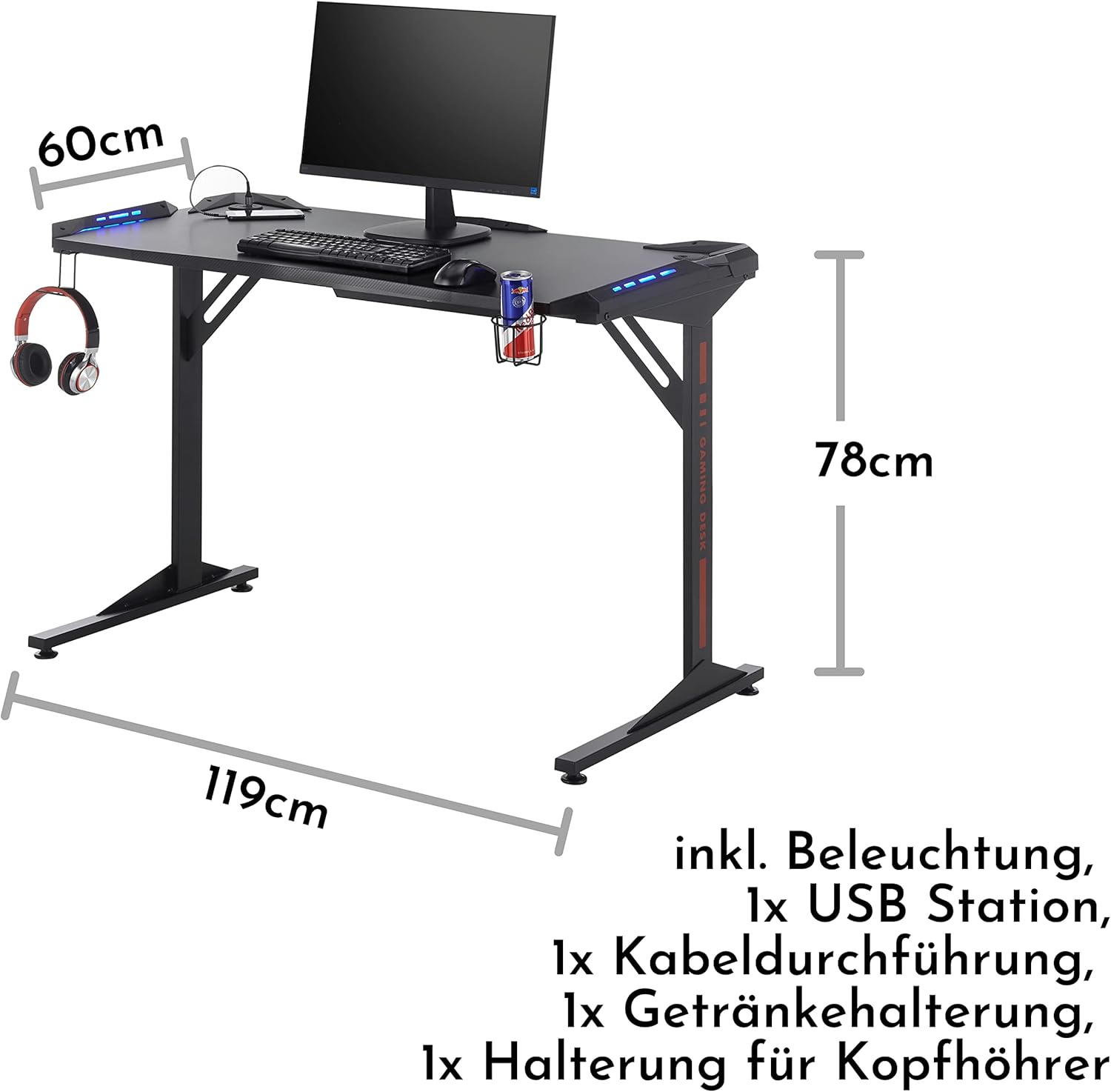 BC 3110 Table in Black, Carbon Look Gaming Desk with LED Lighting, USB Ports & Cup Holder, 119 x 78 x 60 cm
