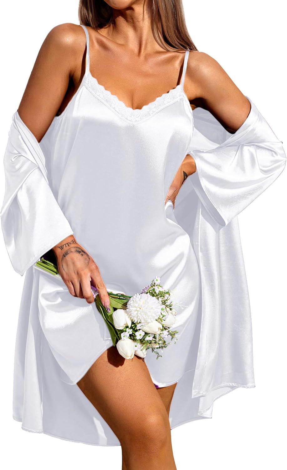 Ekouaer Damen Morgenmantel mit Nachthemd Zweiteiliger Satin Sexy Nachtwäsche Set Seiden Bademantel Kurz Negligees Hochzeit 2er Pack
