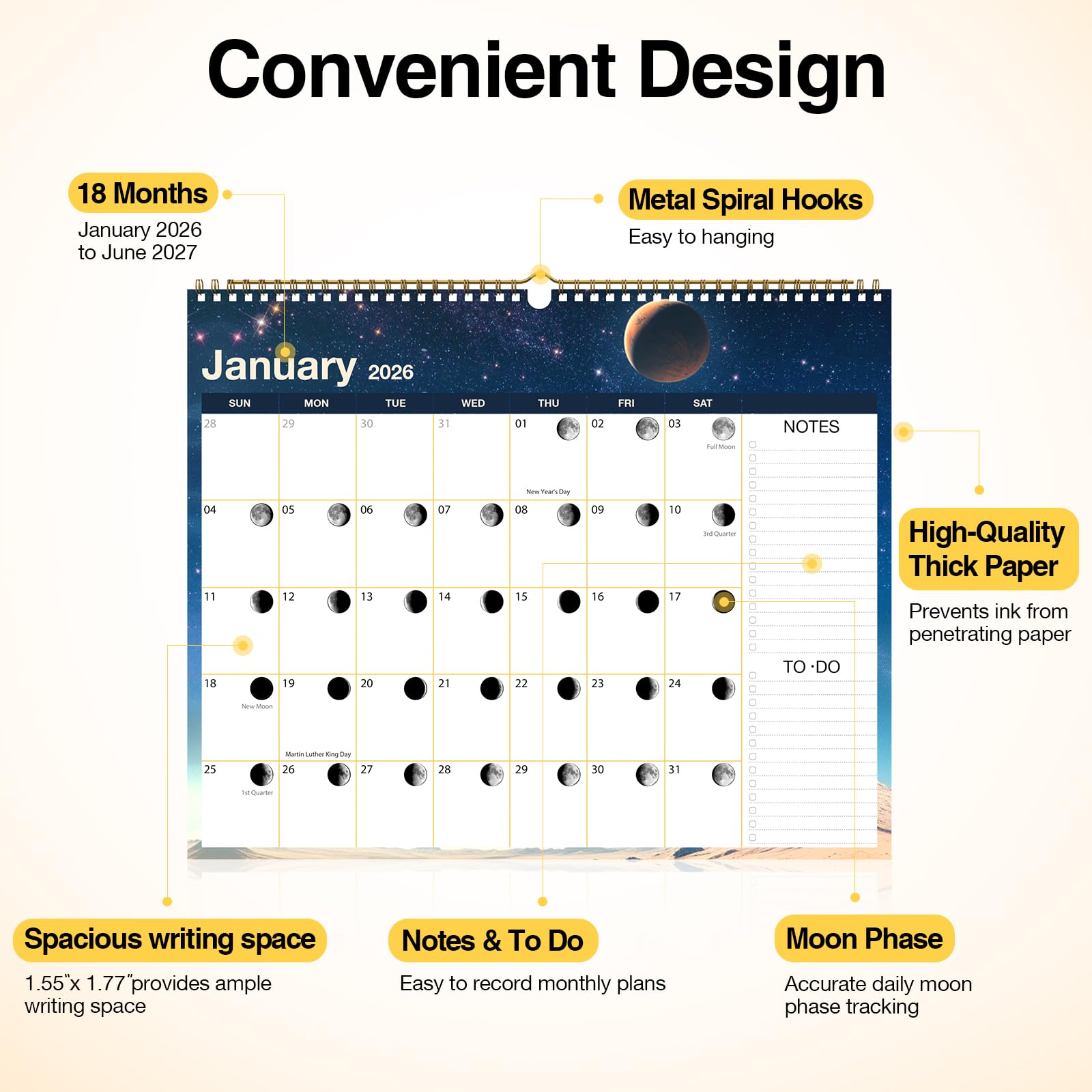 Calendrier mural 2026 – Calendrier lunaire 18 mois