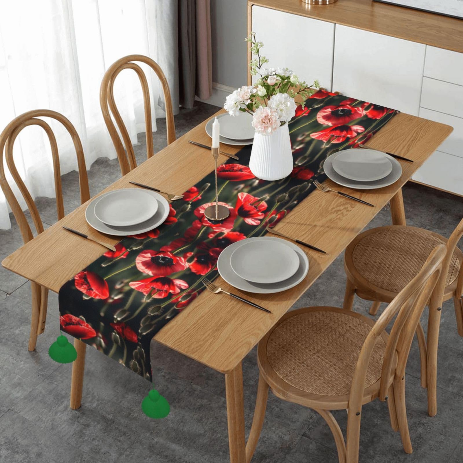 Chemin de table Noël et fêtes coquelicot rouge pour table à manger