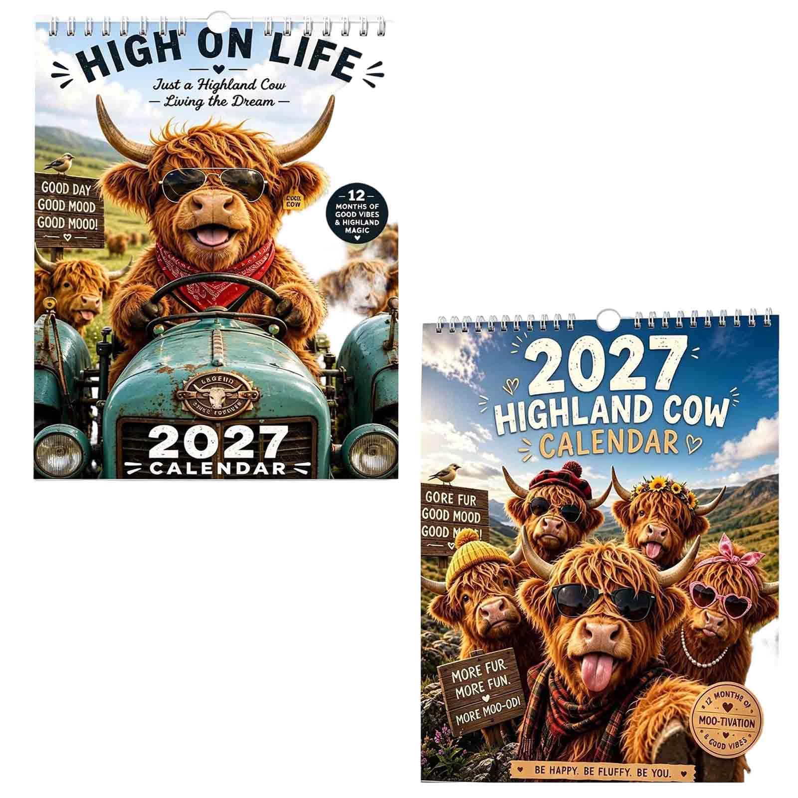 2027 Funny Highland Cow Wall Calendar A4 12 Month Planner，C