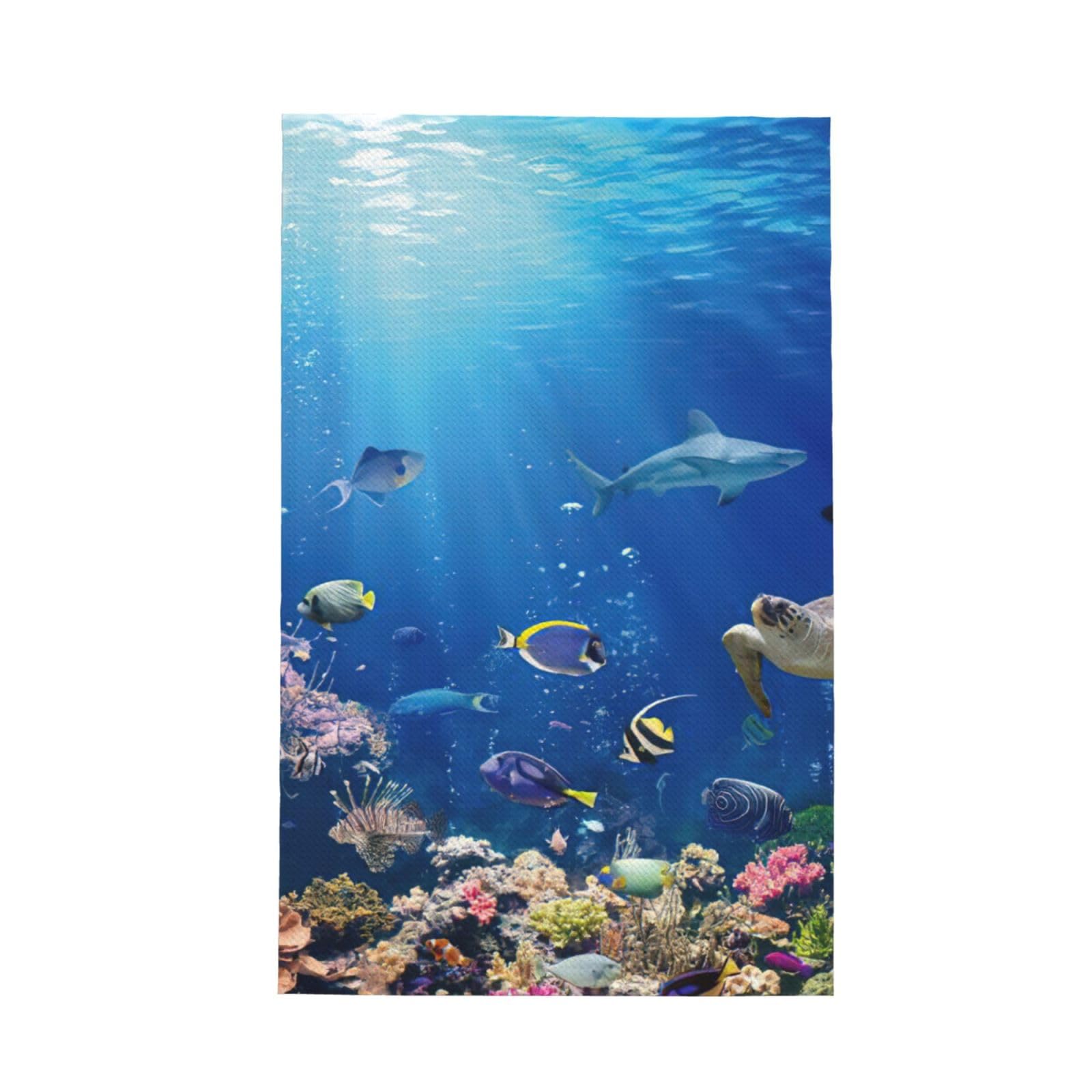 CKGODGF Ocean Turtle Shark Print Absorbent Waffle Dishcloths,Kitchen Towels With Hanging Loops,Tea Towels.