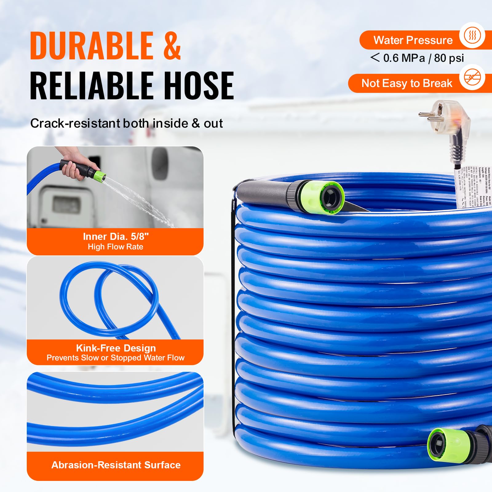 VEVOR Tuyau d'Eau Chauffant 22,9 m pour Camping-car, Tuyau d'Eau Potable Antigel jusqu'à -42,7 ℃, Autorégulation Automatique, Diamètre Intérieur de 16 mm avec Raccords Rapides, sans Plomb et sans BPA