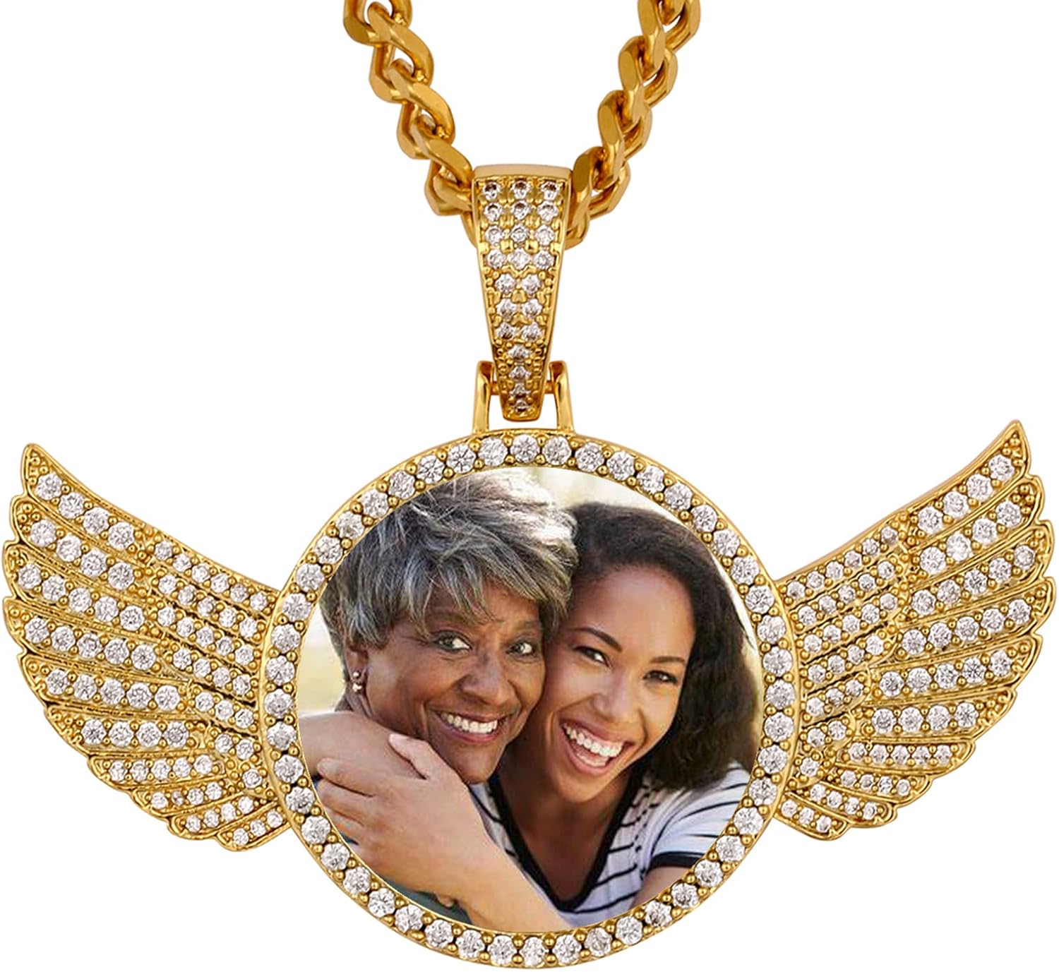 YIMERAIRE Custom Picture Chain for Men Women Angel Wing Round Pendant Picture Necklace Personalized Photo Necklace Customized Memorial Pendant with Image 24in Gold Cuban Chain