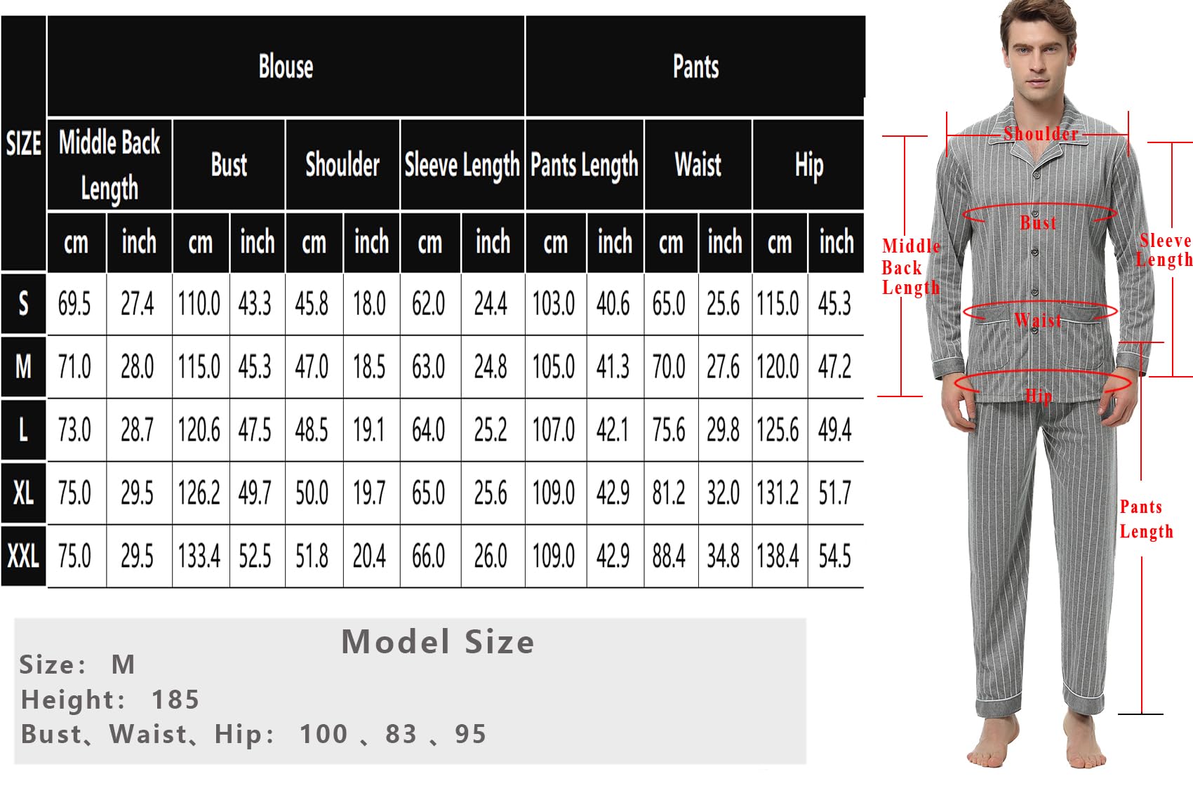 iClosam Pyjama Homme Hiver Coton 2 Pièces Pyjama Long Chaud à Carreaux Ensemble de Pyjamas avec Bouton à Manches Longues Vêtements de Nuit à Rayé S-XXL