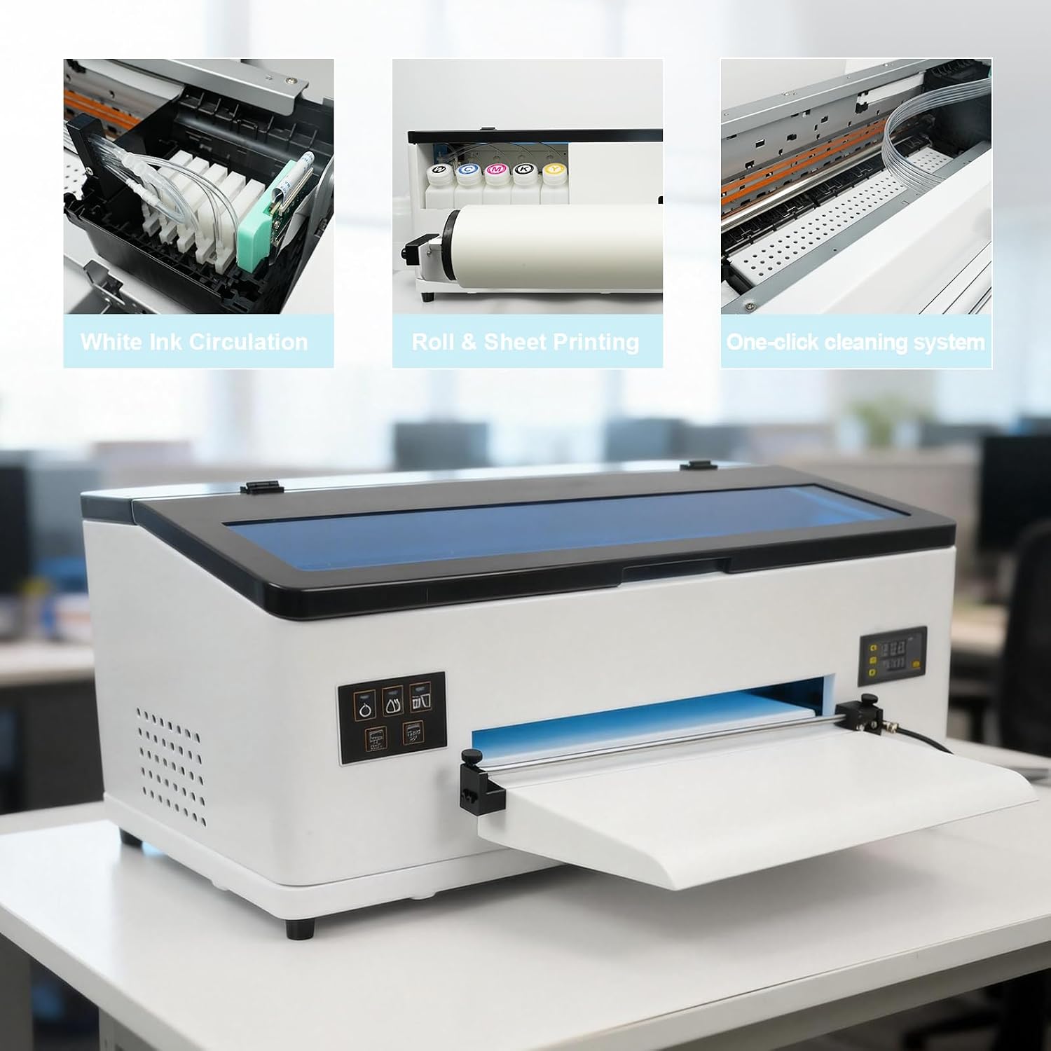 DTF Printer A3 F 1390 with Roll Feeder, Direct to Film Transfer Printing Machine with White Ink Circulation System and Semi-Automatic Cleaning for DIY T Shirt (Printer+Film+Software)